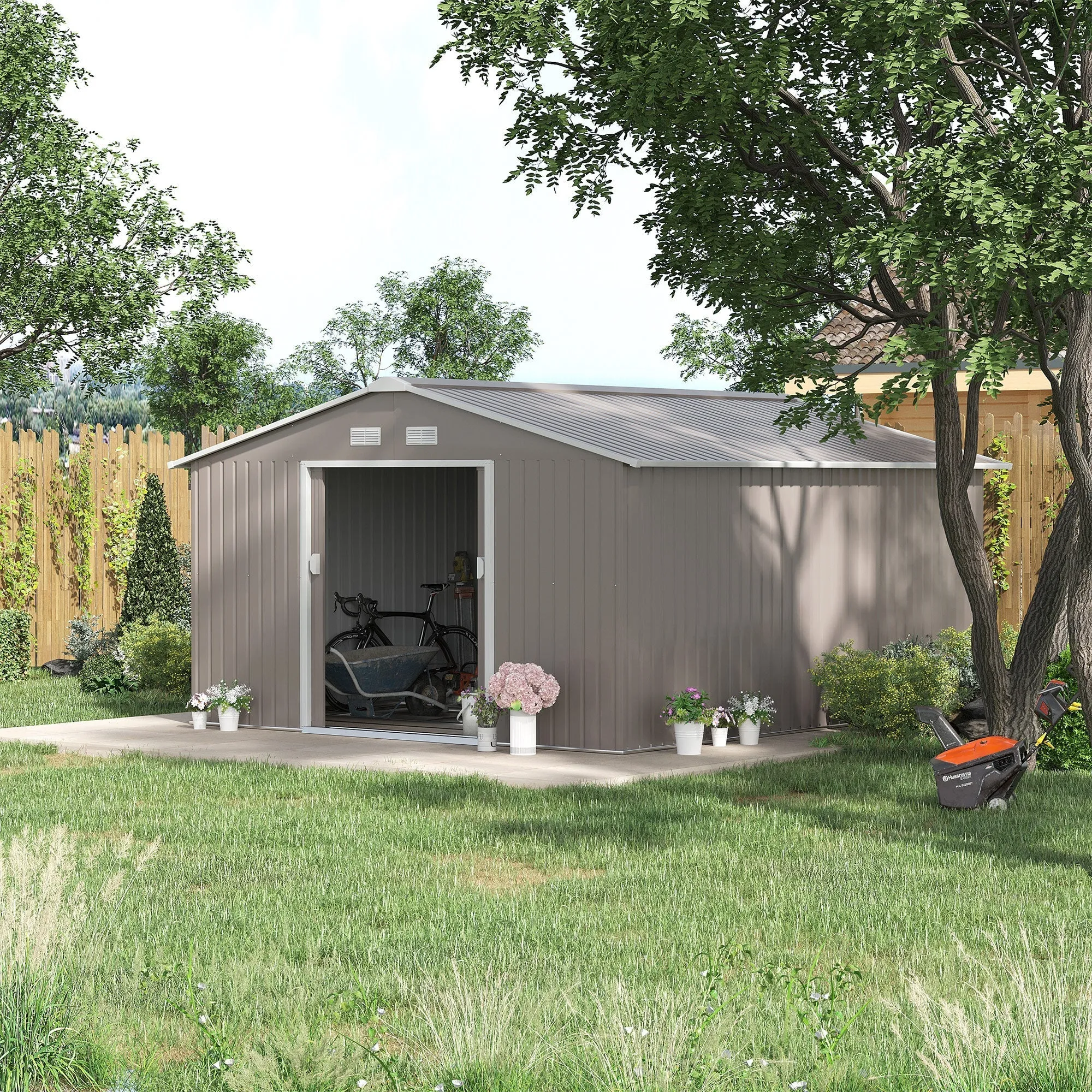 Garden Shed with Sliding Doors and Sloping Roof, Steel, 340x386x200 cm, Grey - Image 2