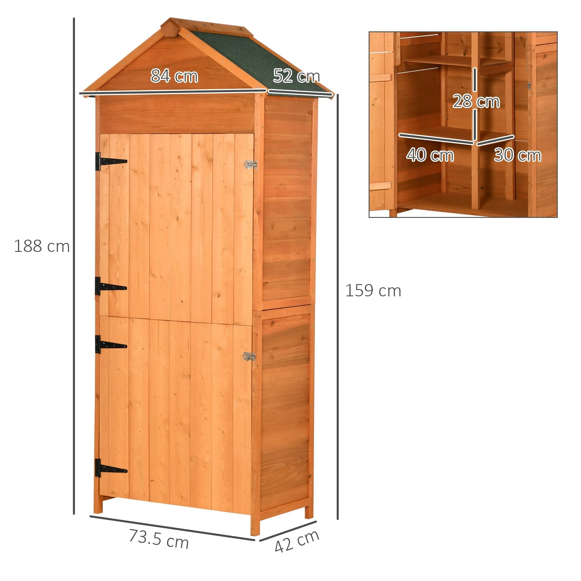 Wooden Garden Shed with 2 Doors and 3 Shelves, 84x52x188cm - Image 3