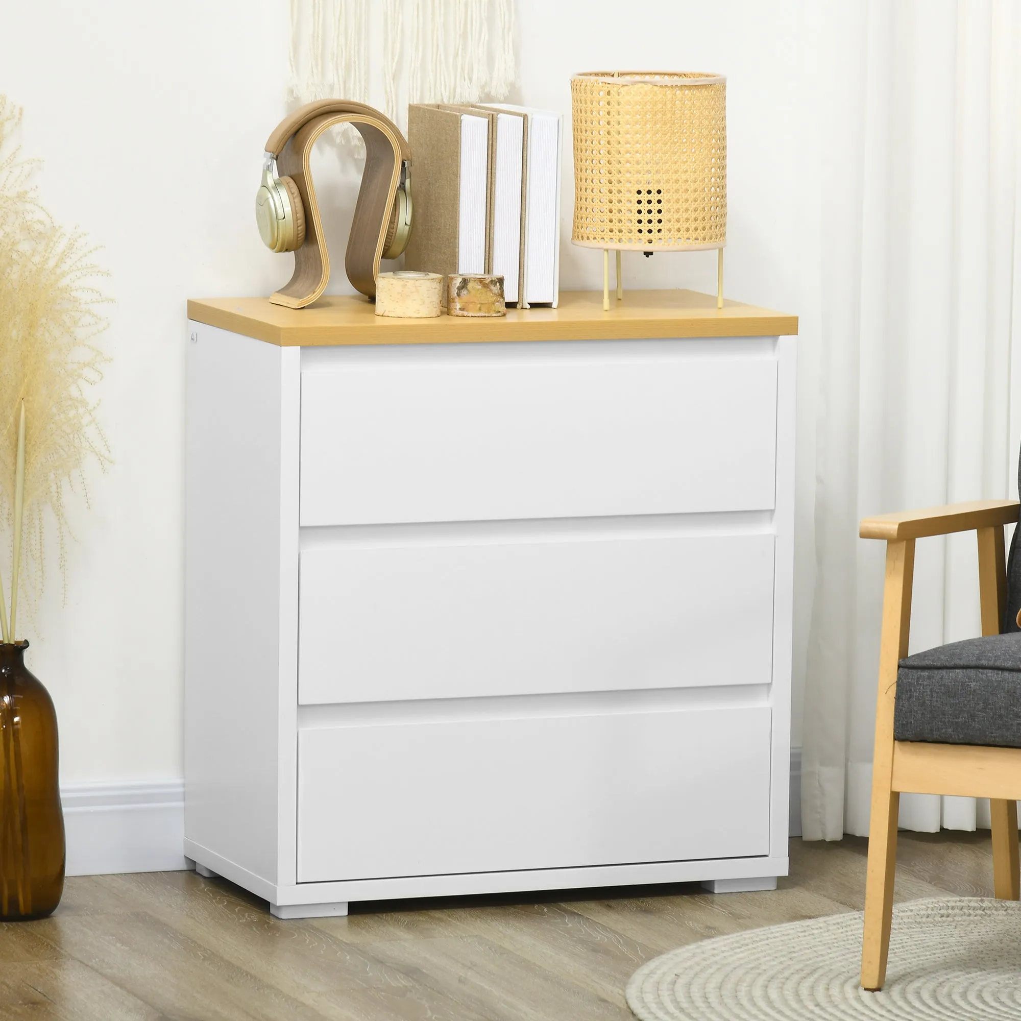 3 Drawer Chest of Drawers White Chipboard for Bedroom, Study and Living Room, 70Lx37x75cm - Image 2