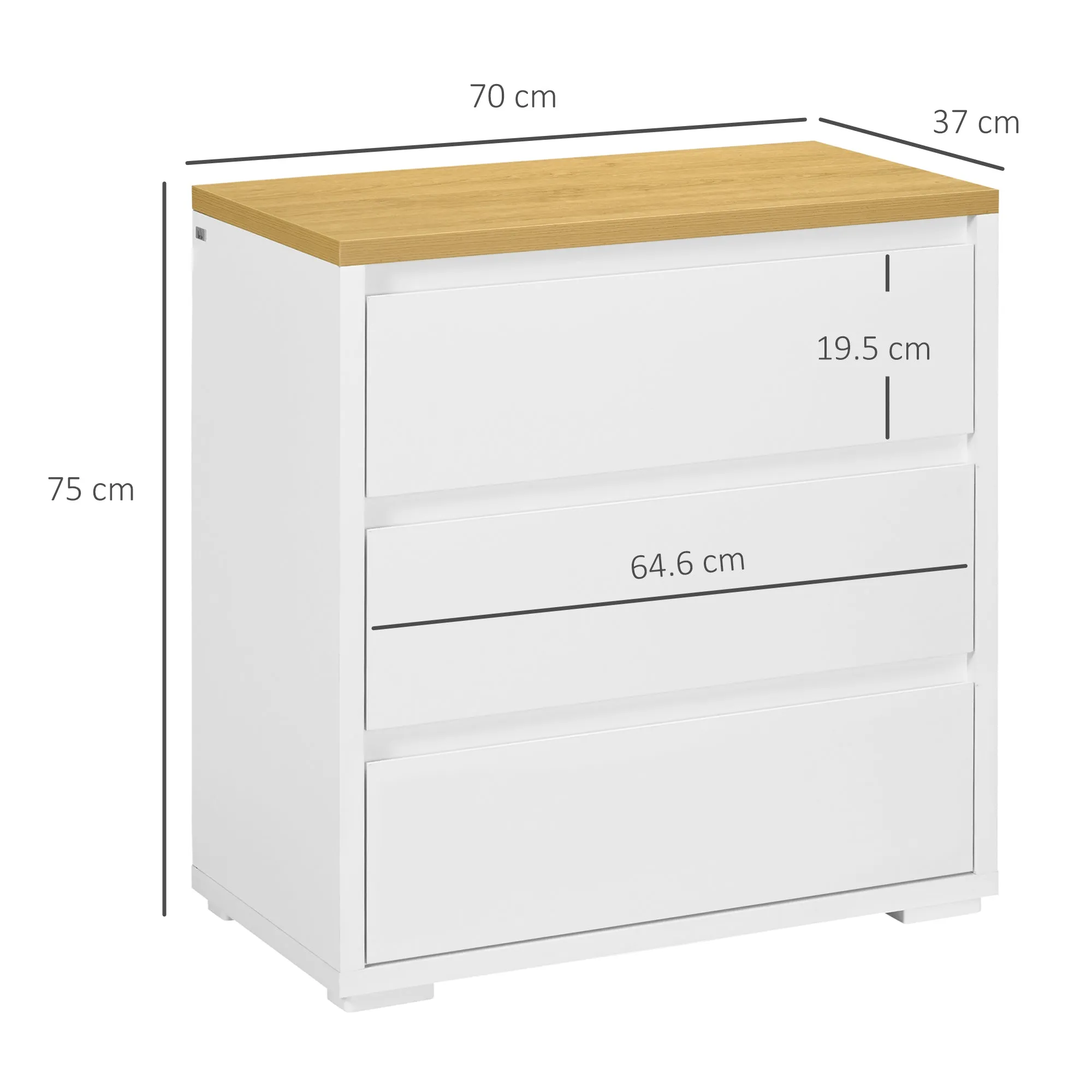 3 Drawer Chest of Drawers White Chipboard for Bedroom, Study and Living Room, 70Lx37x75cm - Image 3