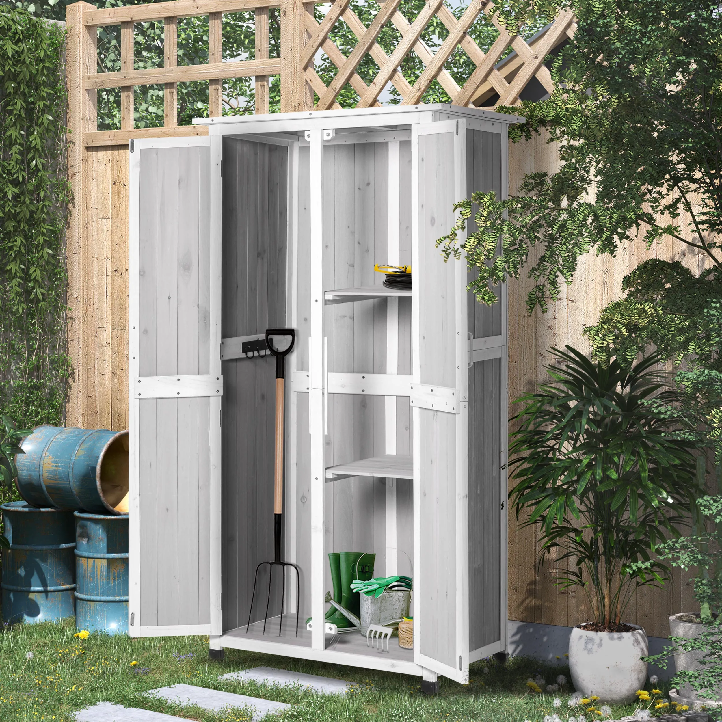 3-Tier Fir Wood Tool Shed with Bitumen Roof, 77x58x175 cm, Grey - Image 2
