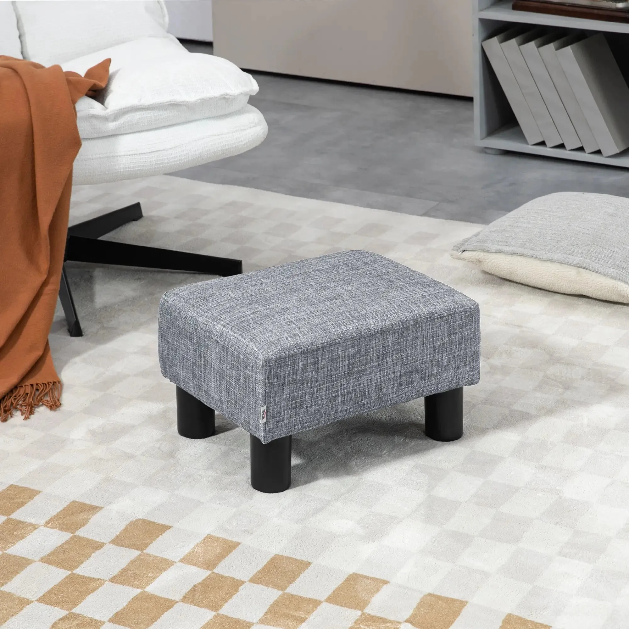 Pouf Footstool in Linen Effect Fabric Padded, 40x30x24cm, Grey - Image 2