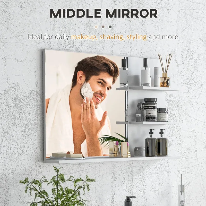 Wall Mounted Bathroom Mirror with 2 Side Shelves and Bottom Shelf, MDF and Glass, 75x10x48 cm, White - Image 3