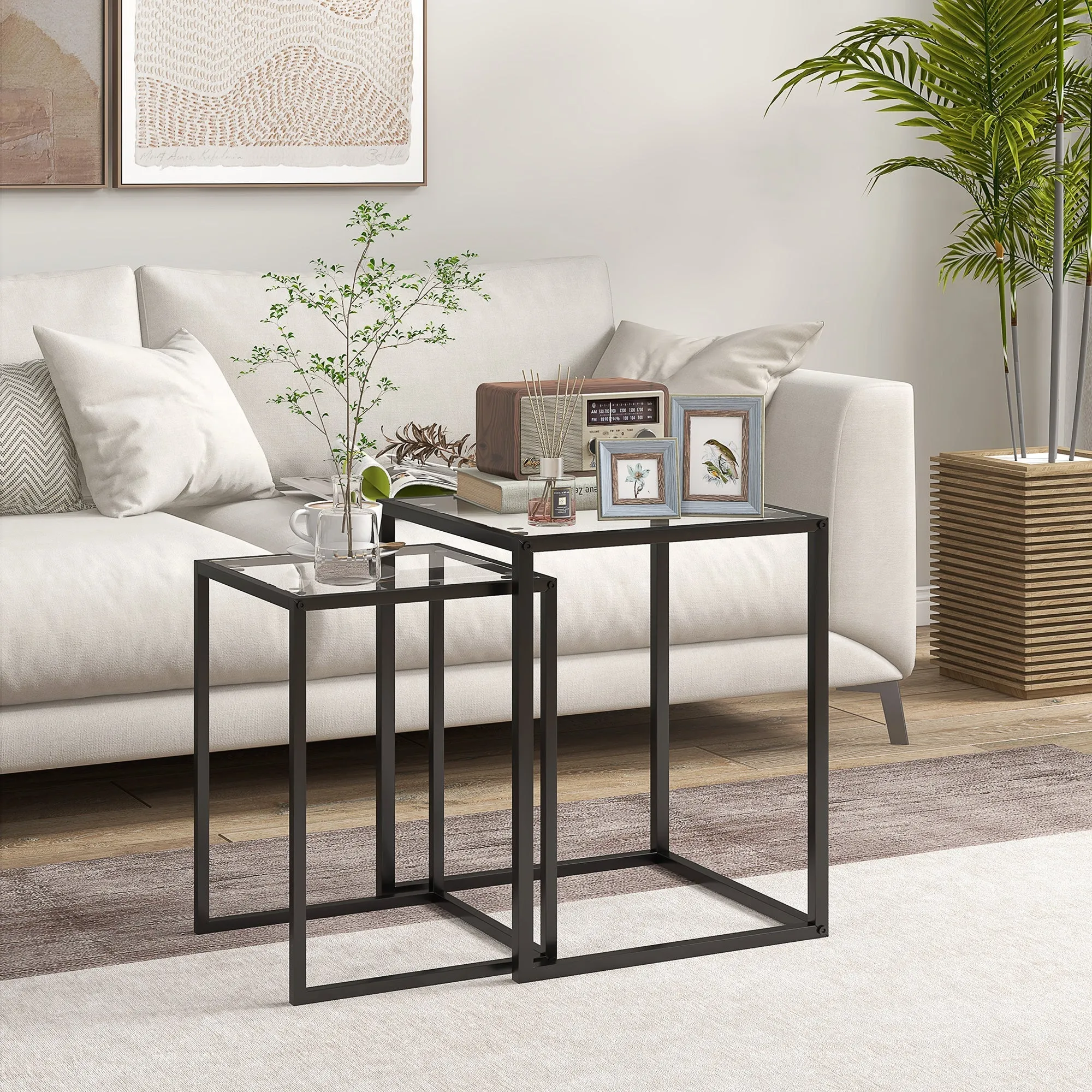 CIELO | Set of 2 Modern Black Coffee Tables with Tempered Glass - Image 2