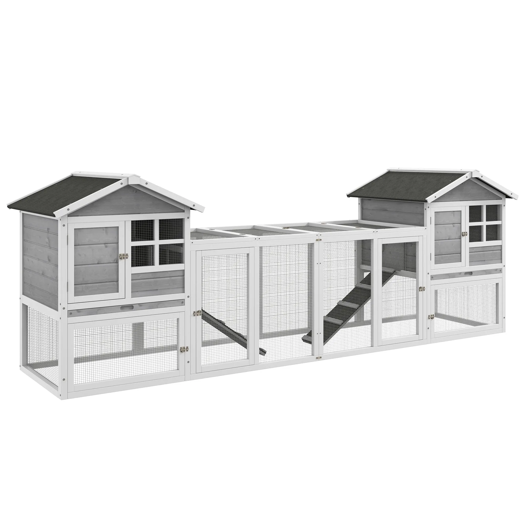 Outdoor Wooden Rabbit Hutch with 2 Houses and Open Enclosed Area with Doors and Ramps, 259x64x92 cm, Grey