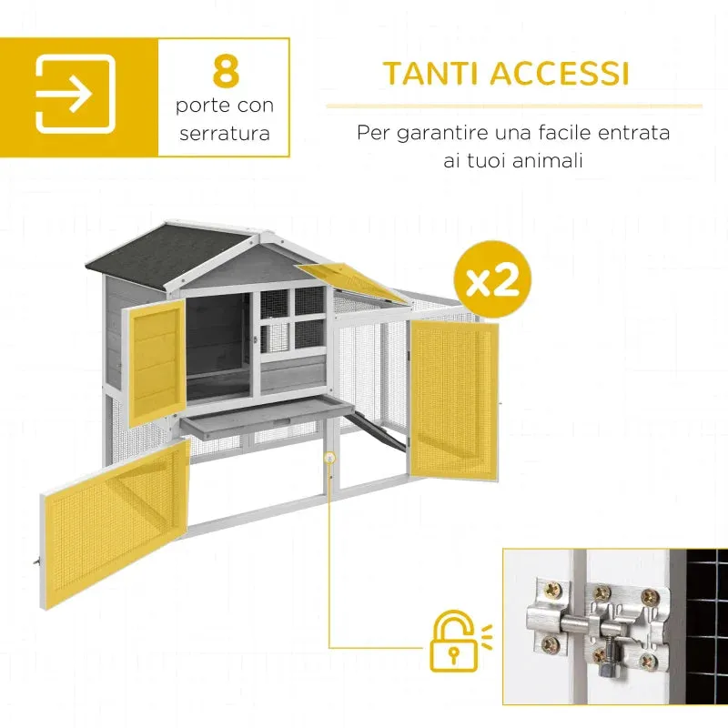 Outdoor Wooden Rabbit Hutch with 2 Houses and Open Enclosed Area with Doors and Ramps, 259x64x92 cm, Grey - Image 2