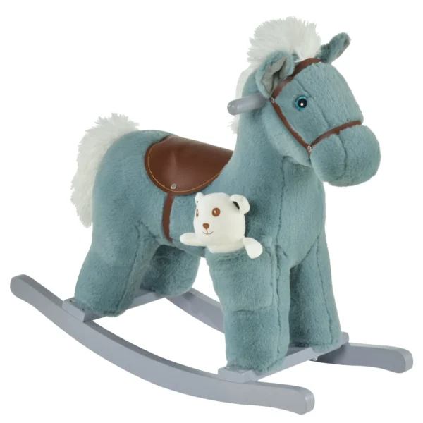 Children's Rocking Horse, Plush and Wooden Rocking Horse with Sounds and Teddy Bear Included, for Babies 18-36 Months, 65x26x55cm, Blue