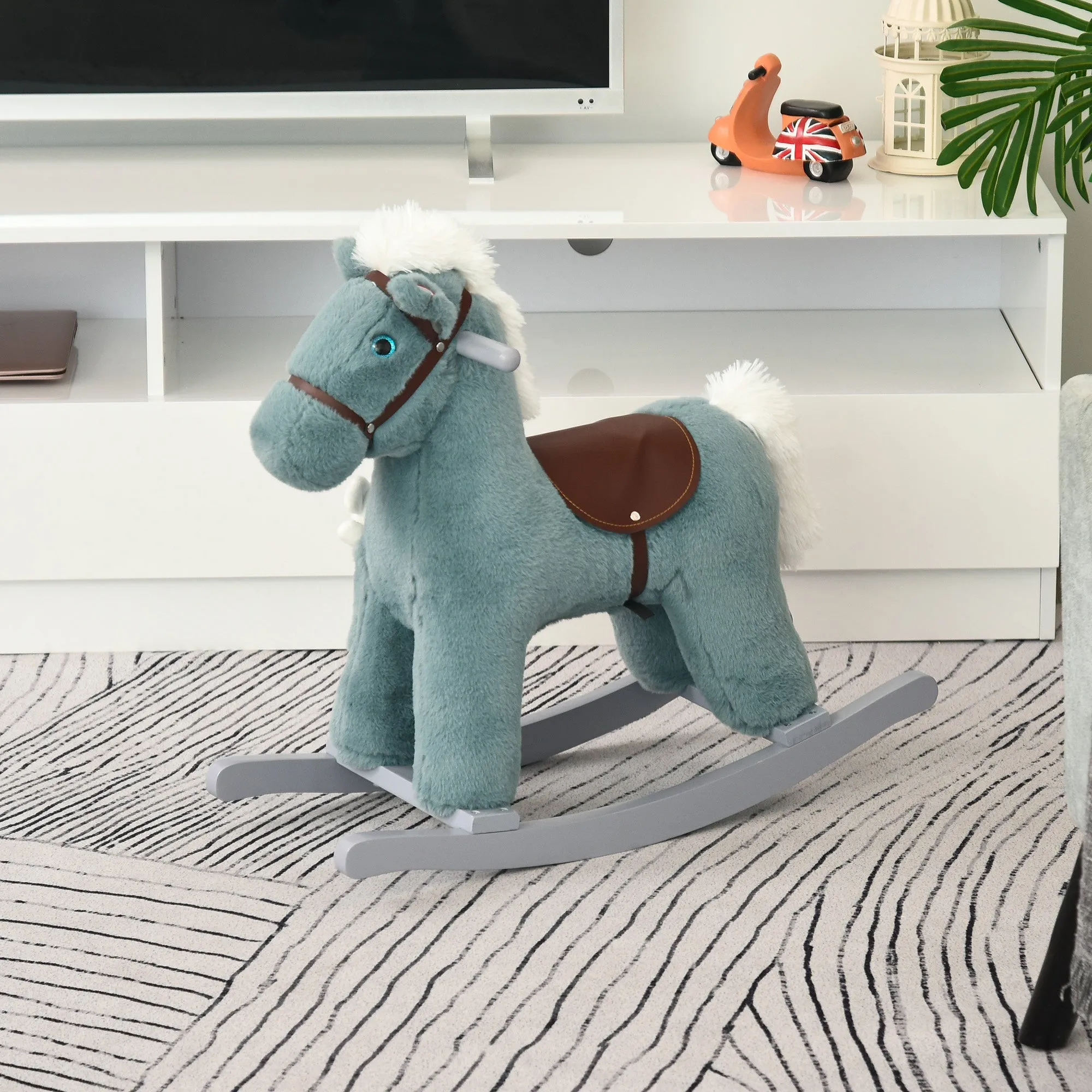 Children's Rocking Horse, Plush and Wooden Rocking Horse with Sounds and Teddy Bear Included, for Babies 18-36 Months, 65x26x55cm, Blue - Image 2
