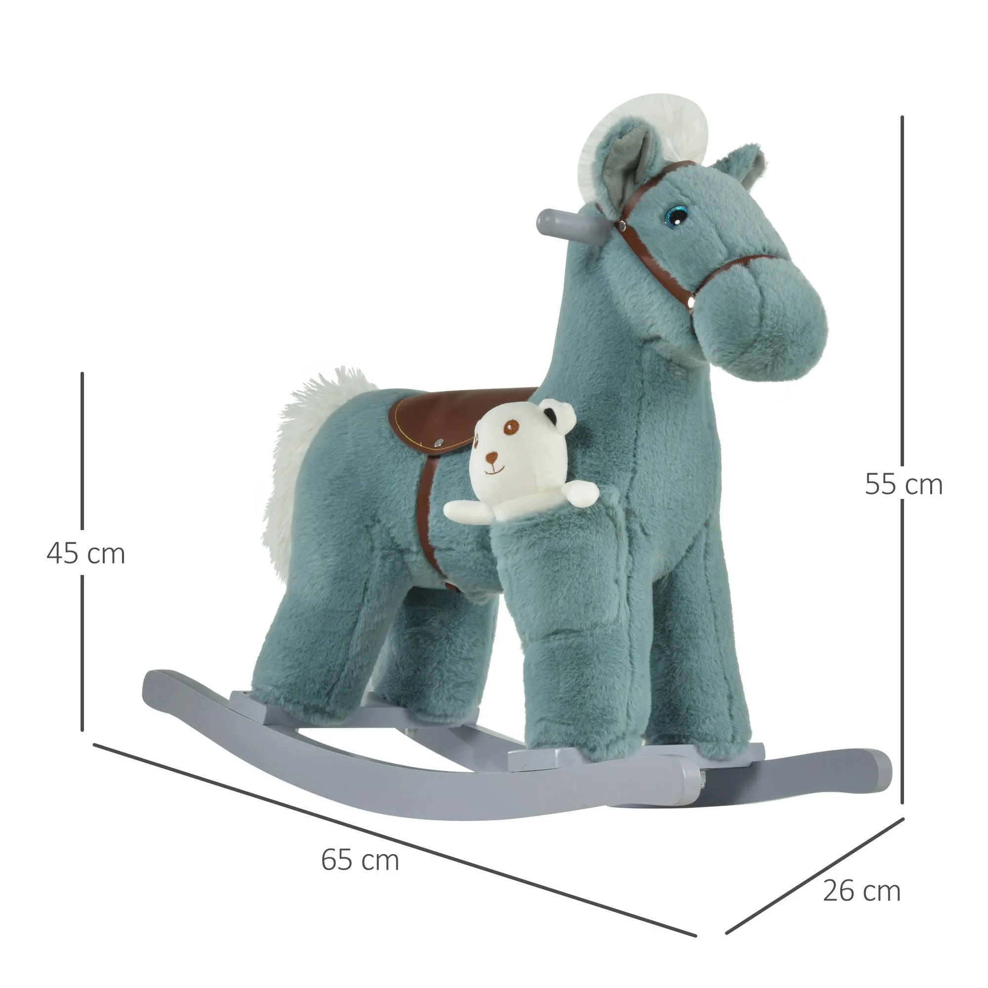 Children's Rocking Horse, Plush and Wooden Rocking Horse with Sounds and Teddy Bear Included, for Babies 18-36 Months, 65x26x55cm, Blue - Image 3