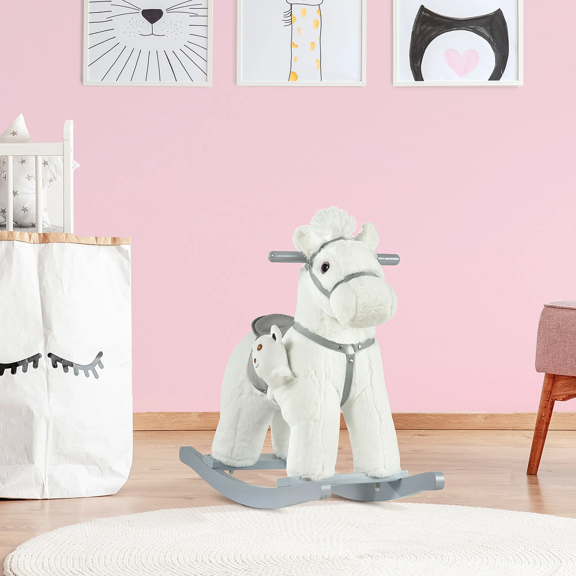 Children's Rocking Horse in Plush and Wood with Sounds and Teddy Bear Included, for Children from 18-36 Months, 65x26x55cm, White - Image 2