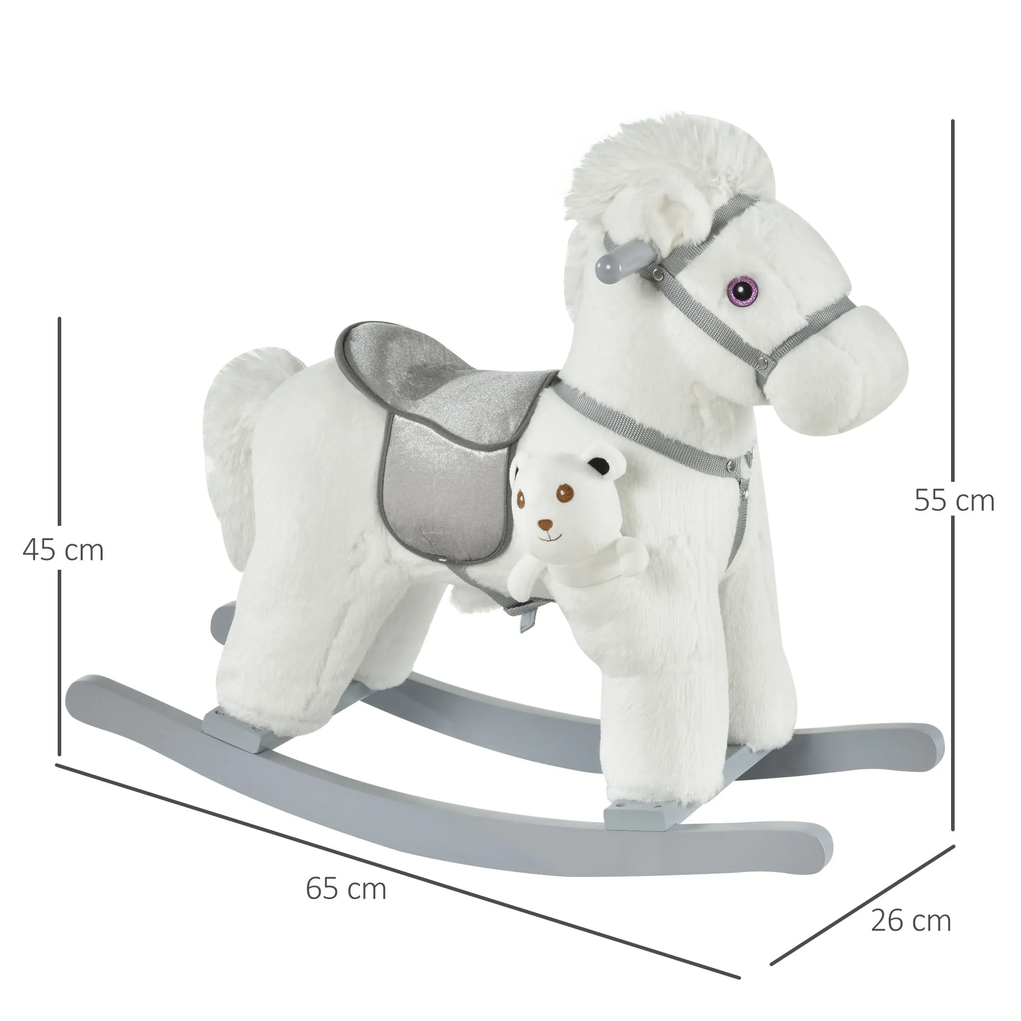 Children's Rocking Horse in Plush and Wood with Sounds and Teddy Bear Included, for Children from 18-36 Months, 65x26x55cm, White - Image 3