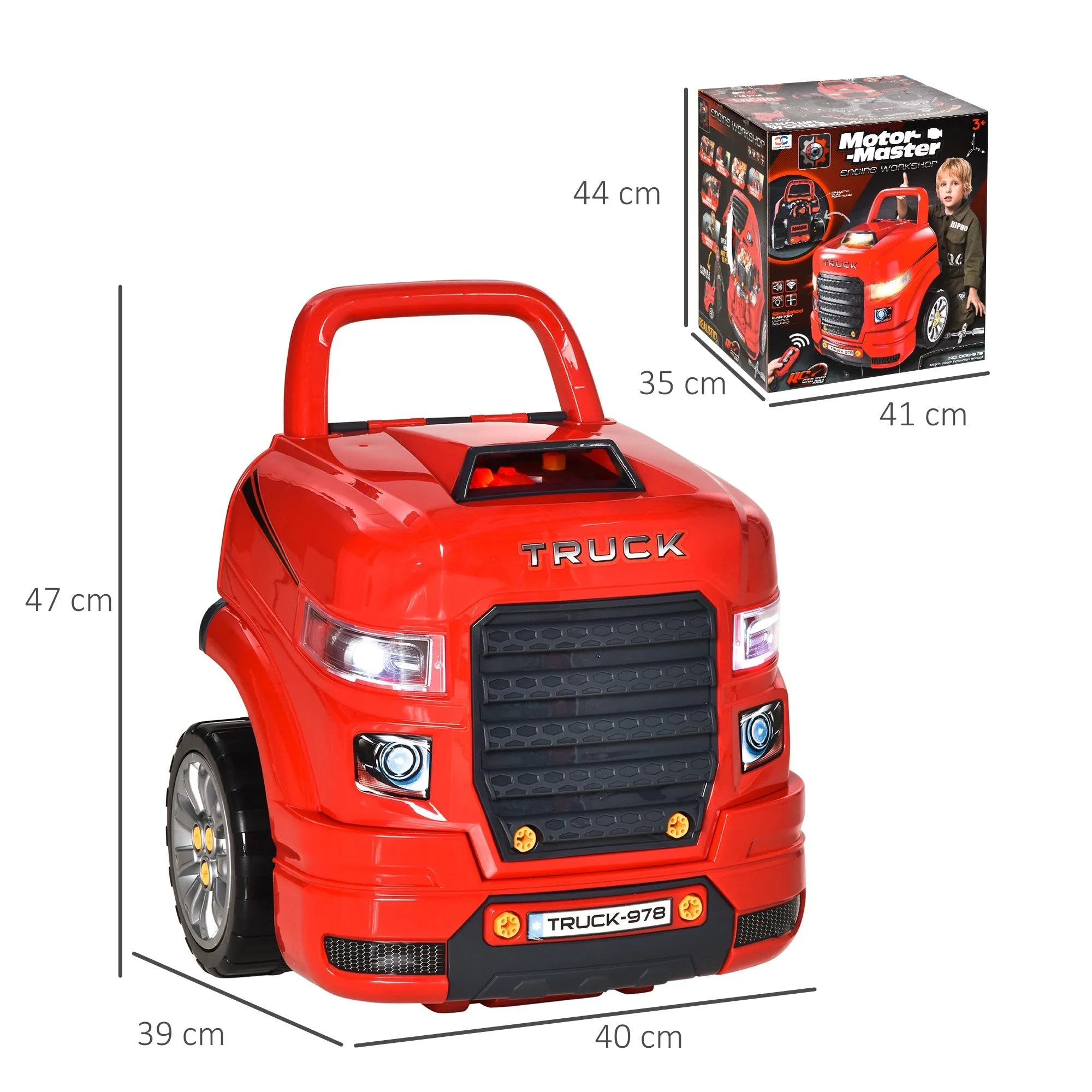 Toy Truck Workshop with Engine and 61 Accessories for Children 3-5 Years, Wheels and Handle, 40x39x47cm, Red - Image 3