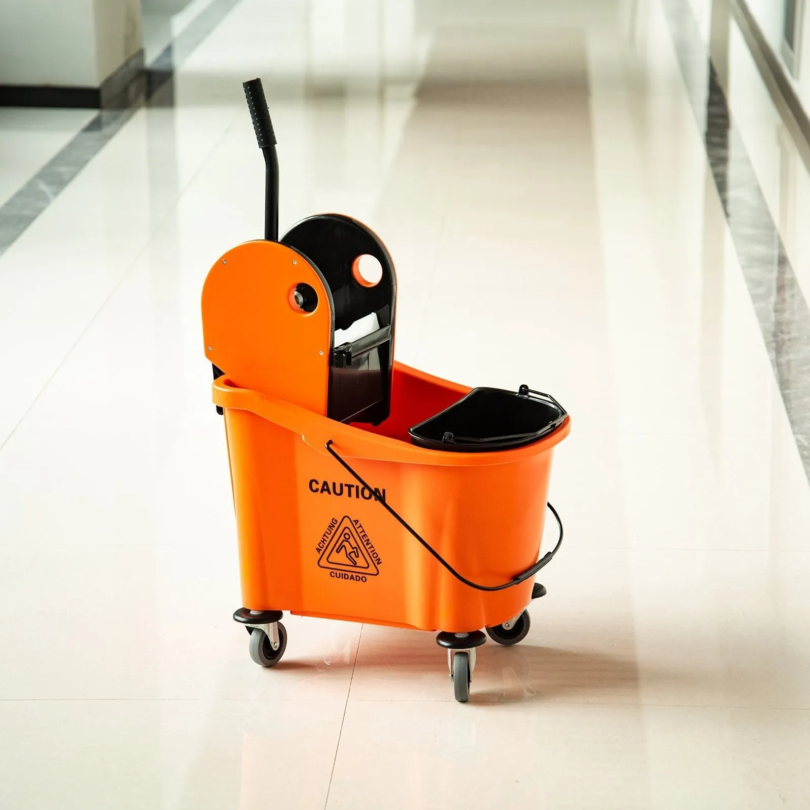 36L Professional Mop Bucket, Floor Cleaning Trolley with Manual Wringer and 2 Buckets, Orange and Black - Image 2