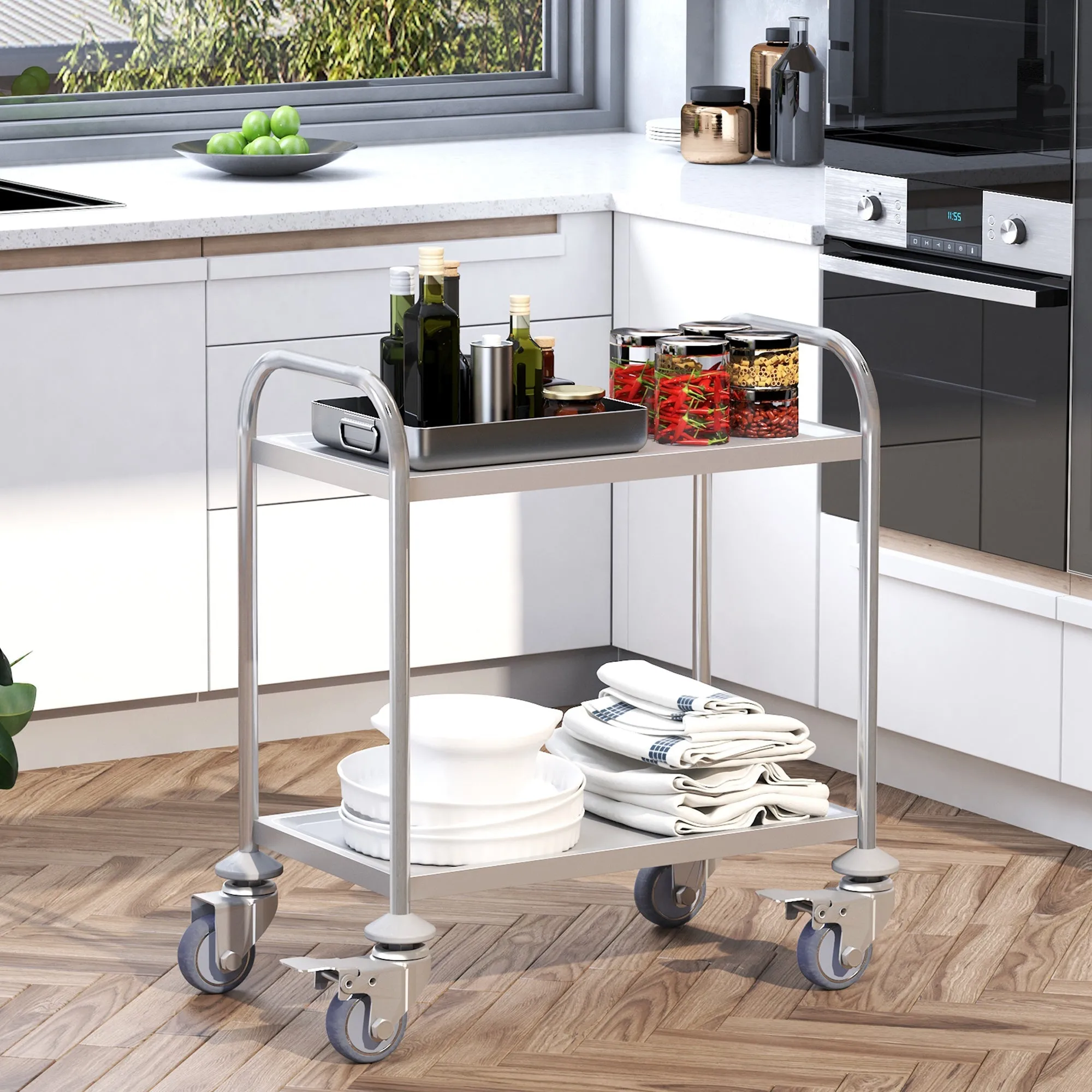 Restaurant / Hotel 2 Tier Kitchen Trolley, Wheeled Trolley, Stainless Steel Food Cart, 71x41x81cm, Silver - Image 2