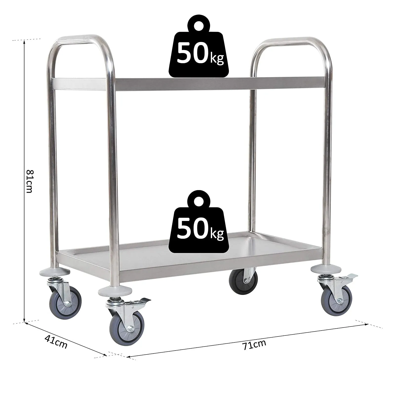 Restaurant / Hotel 2 Tier Kitchen Trolley, Wheeled Trolley, Stainless Steel Food Cart, 71x41x81cm, Silver - Image 3