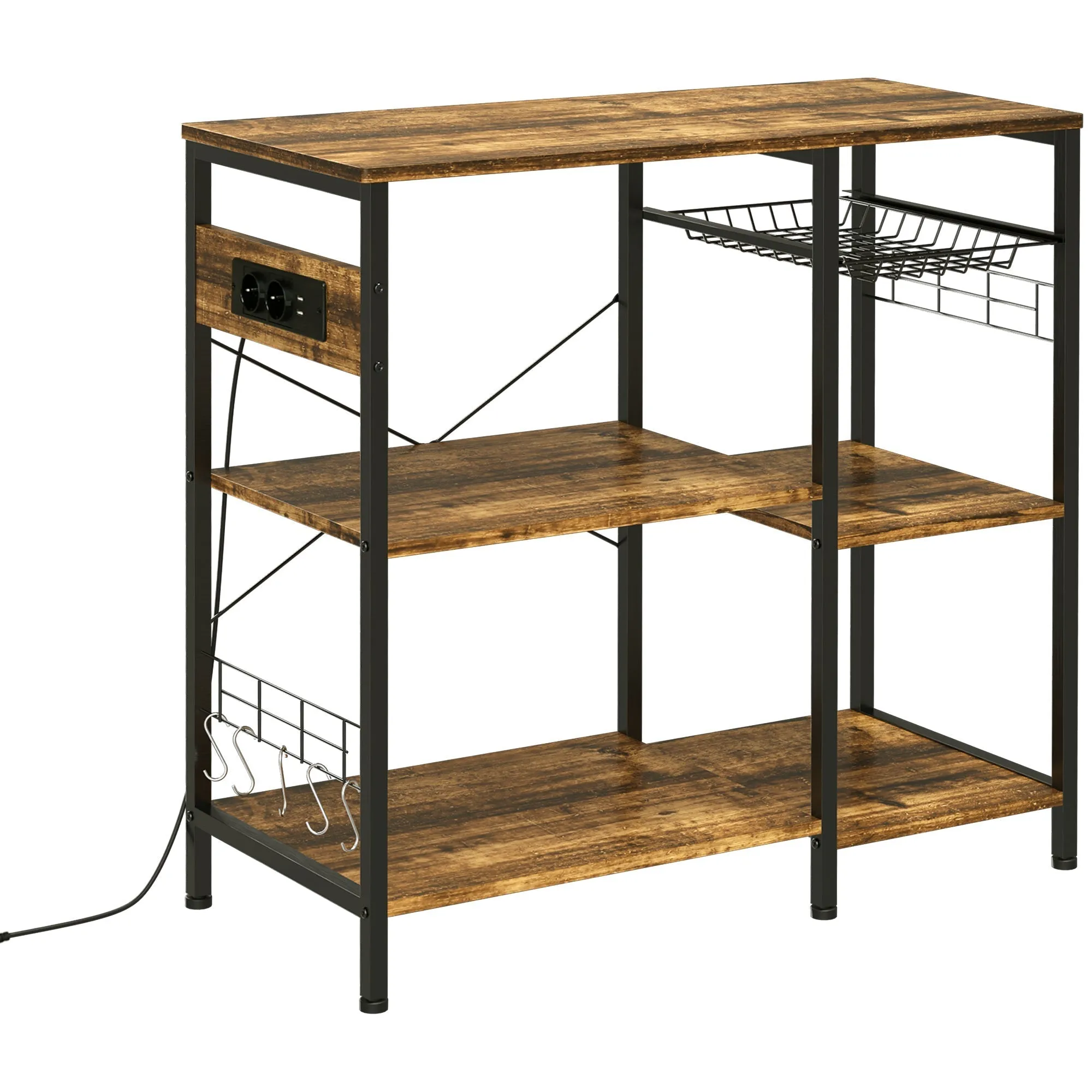 3-Shelf Chipboard Kitchen Cabinet with Power Socket, USB Port and Basket, 90x40x83cm