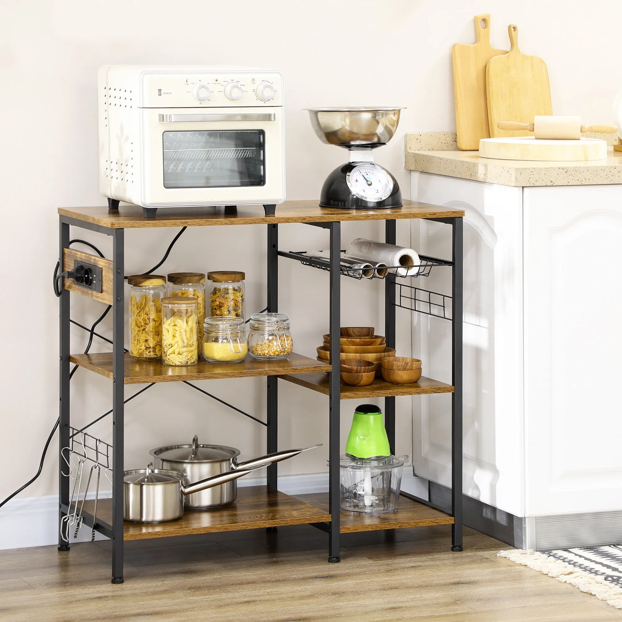 3-Shelf Chipboard Kitchen Cabinet with Power Socket, USB Port and Basket, 90x40x83cm - Image 2