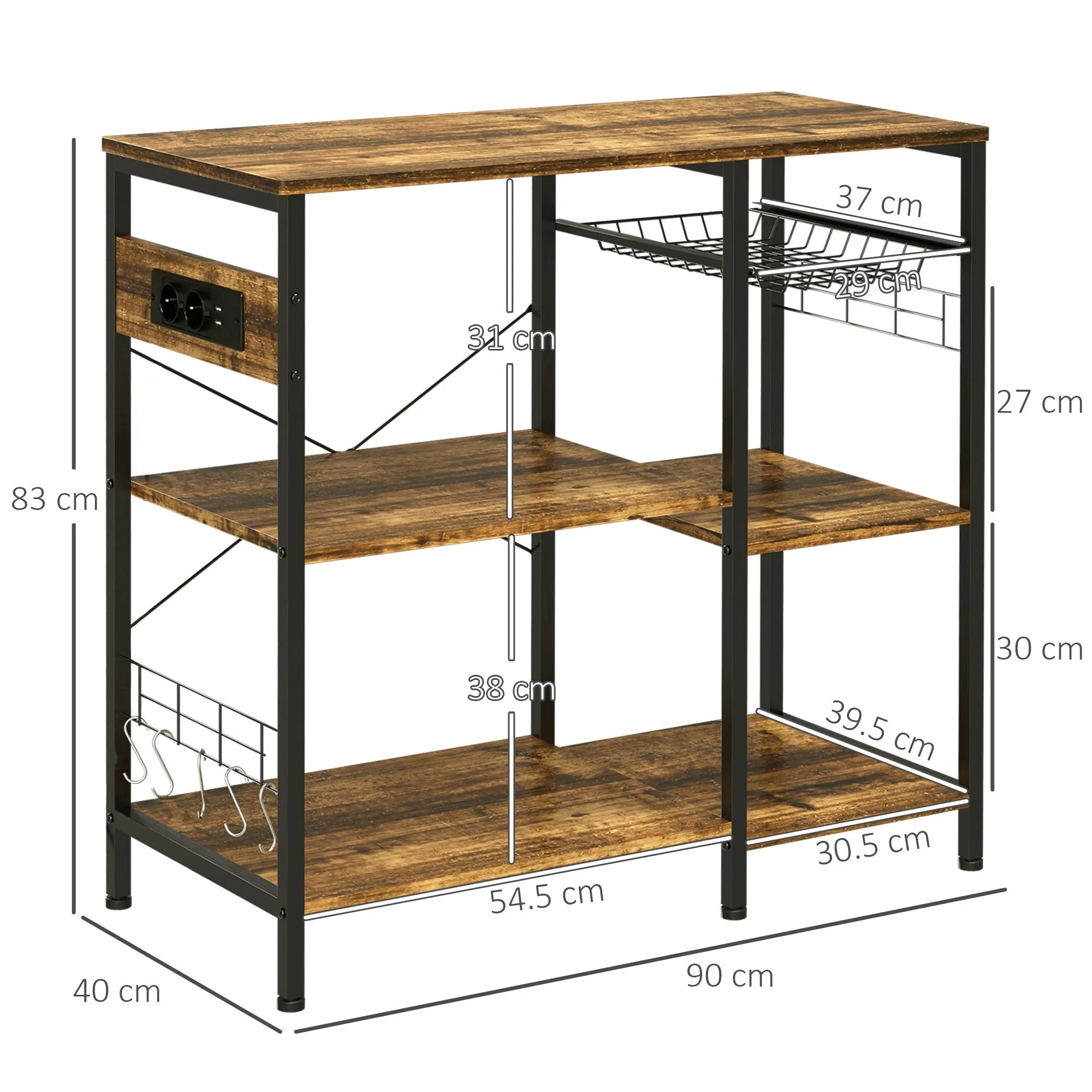 3-Shelf Chipboard Kitchen Cabinet with Power Socket, USB Port and Basket, 90x40x83cm - Image 3