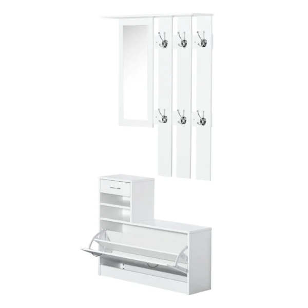 TWENTY | Modern Hallway Furniture Set with Shoe Rack and Mirror, Hallway Coat Rack with 6 Hooks, 2 Adjustable Shelves and Wooden Drawers for Hallway, 90x24x177 cm, White