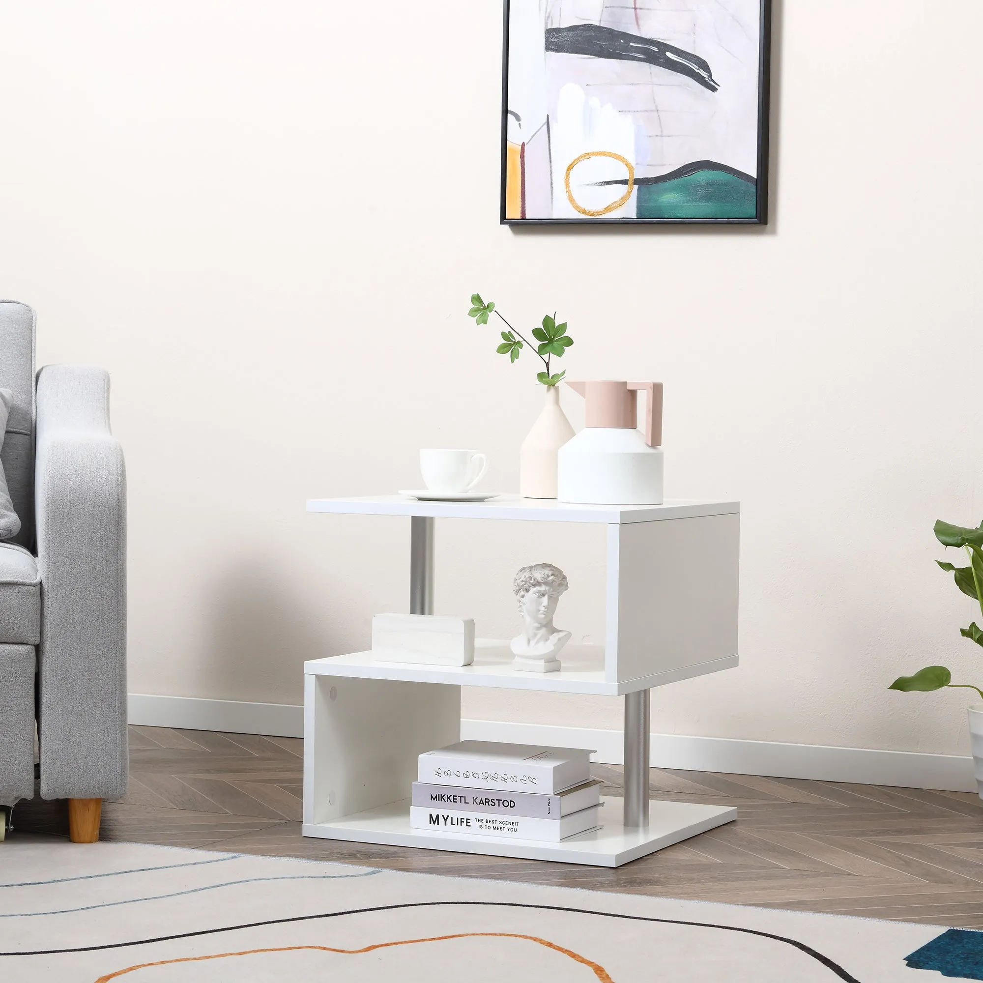 Coffee Table, White Coffee Table, Modern Design, Large Surface, Two Shelves, S-Shaped, Made of Wood and Iron, 50 x 50 x 50cm, White - Image 2