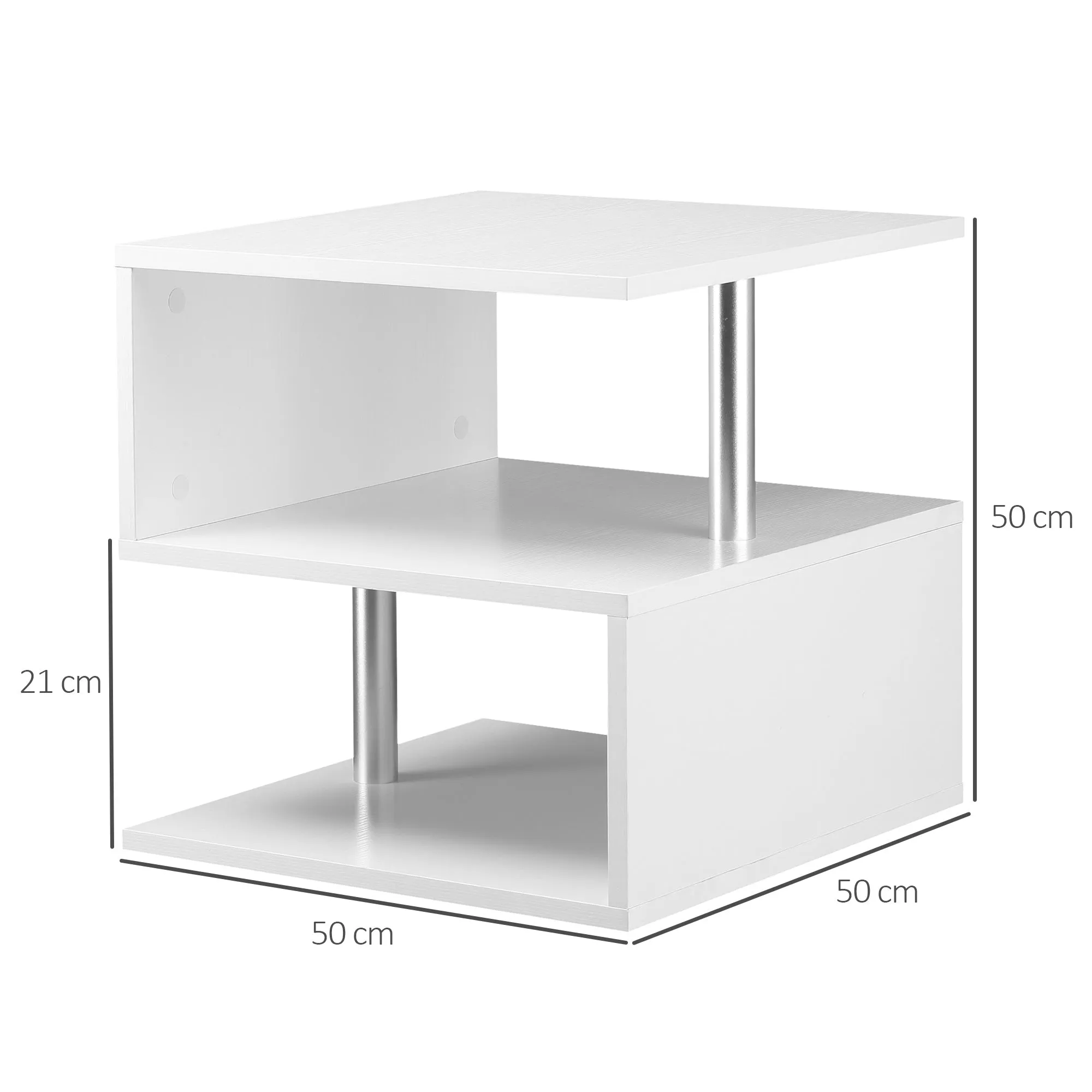 Coffee Table, White Coffee Table, Modern Design, Large Surface, Two Shelves, S-Shaped, Made of Wood and Iron, 50 x 50 x 50cm, White - Image 3