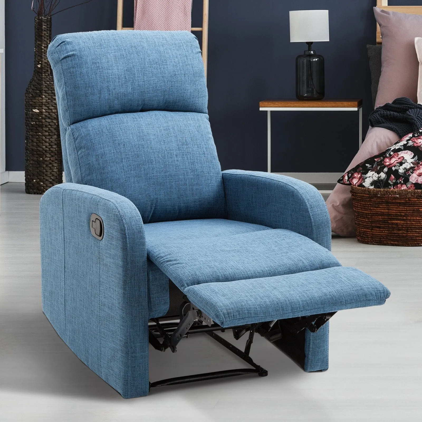 Manual Reclining Relax Chair with Footrest Load Capacity 125kg Linen Fabric 67 × 83 × 107cm Blue - Image 2