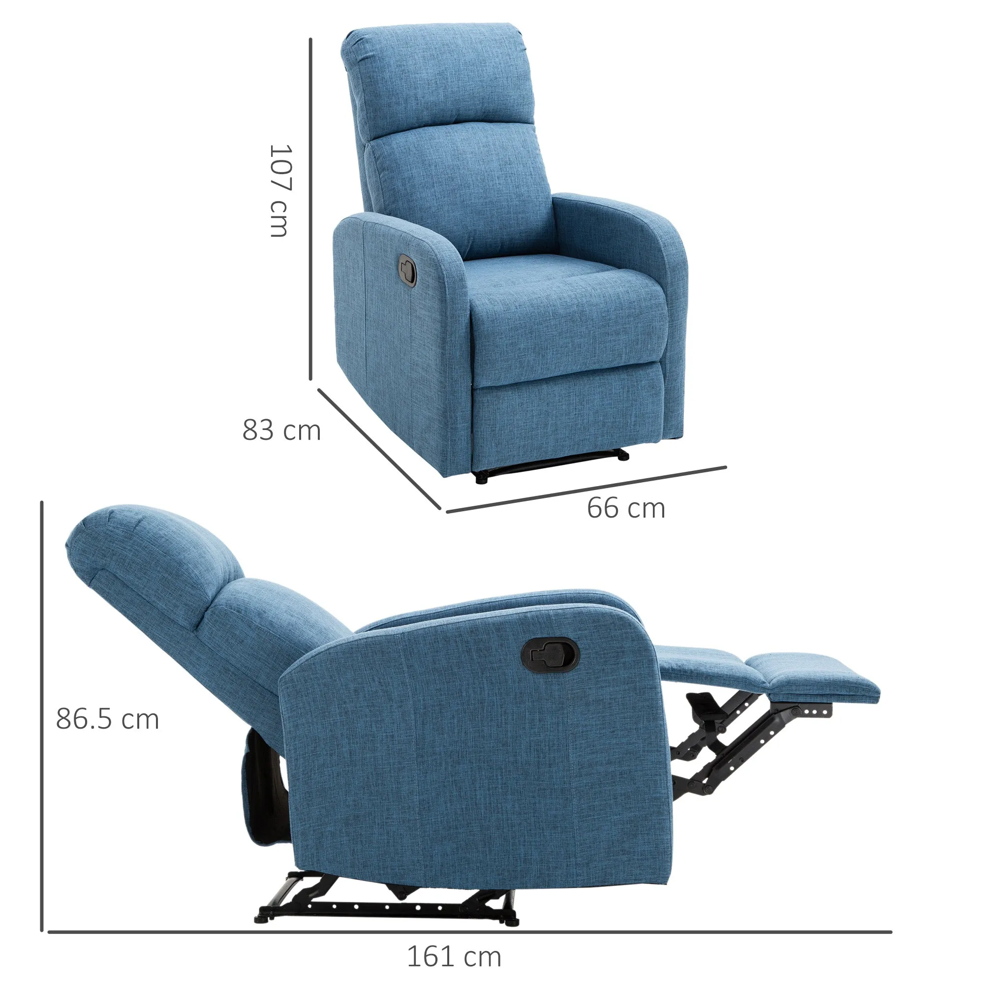 Manual Reclining Relax Chair with Footrest Load Capacity 125kg Linen Fabric 67 × 83 × 107cm Blue - Image 3