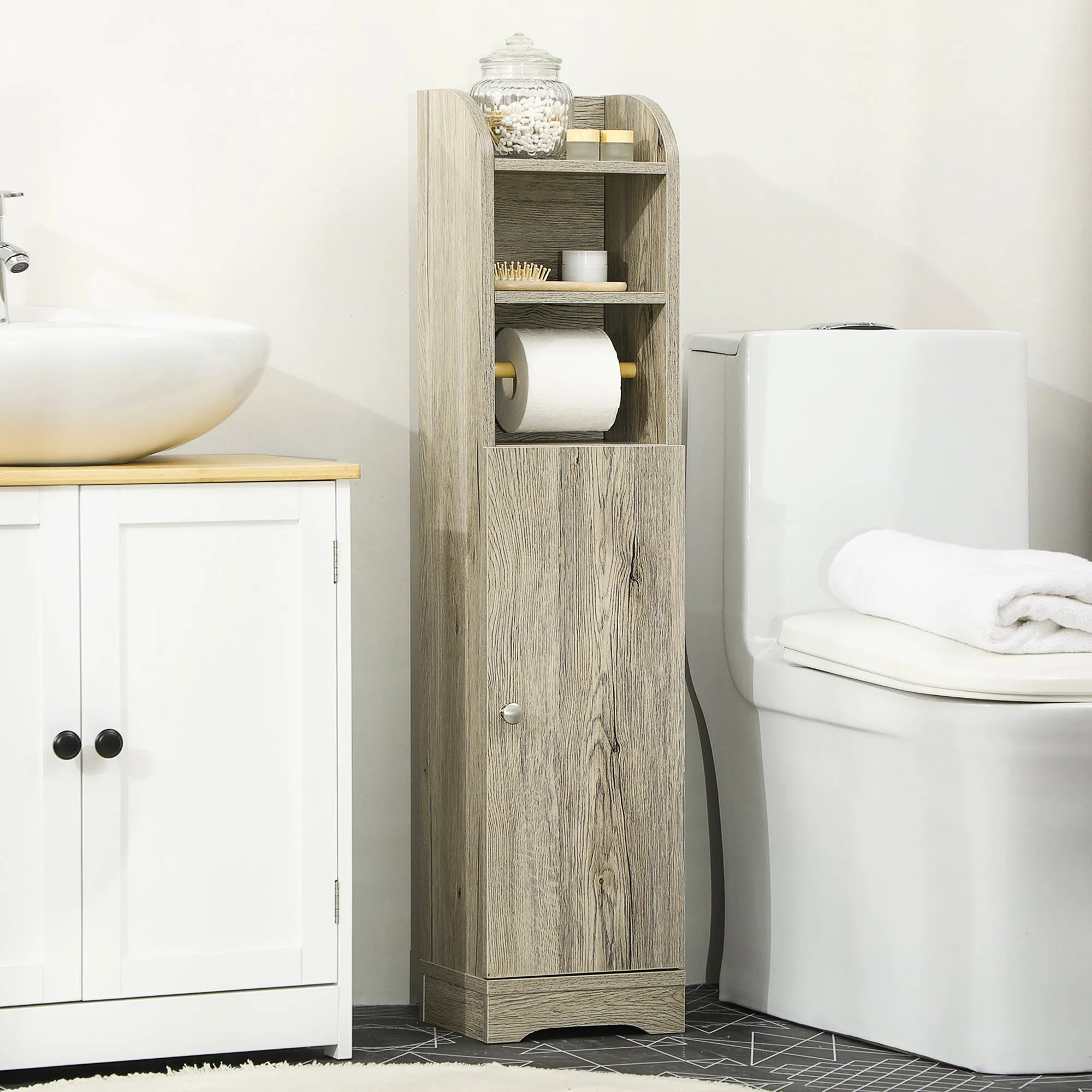 Chipboard Bathroom Cabinet with 2 Shelves and 2-Tier Cabinet, 23x18x100cm, Grey - Image 2