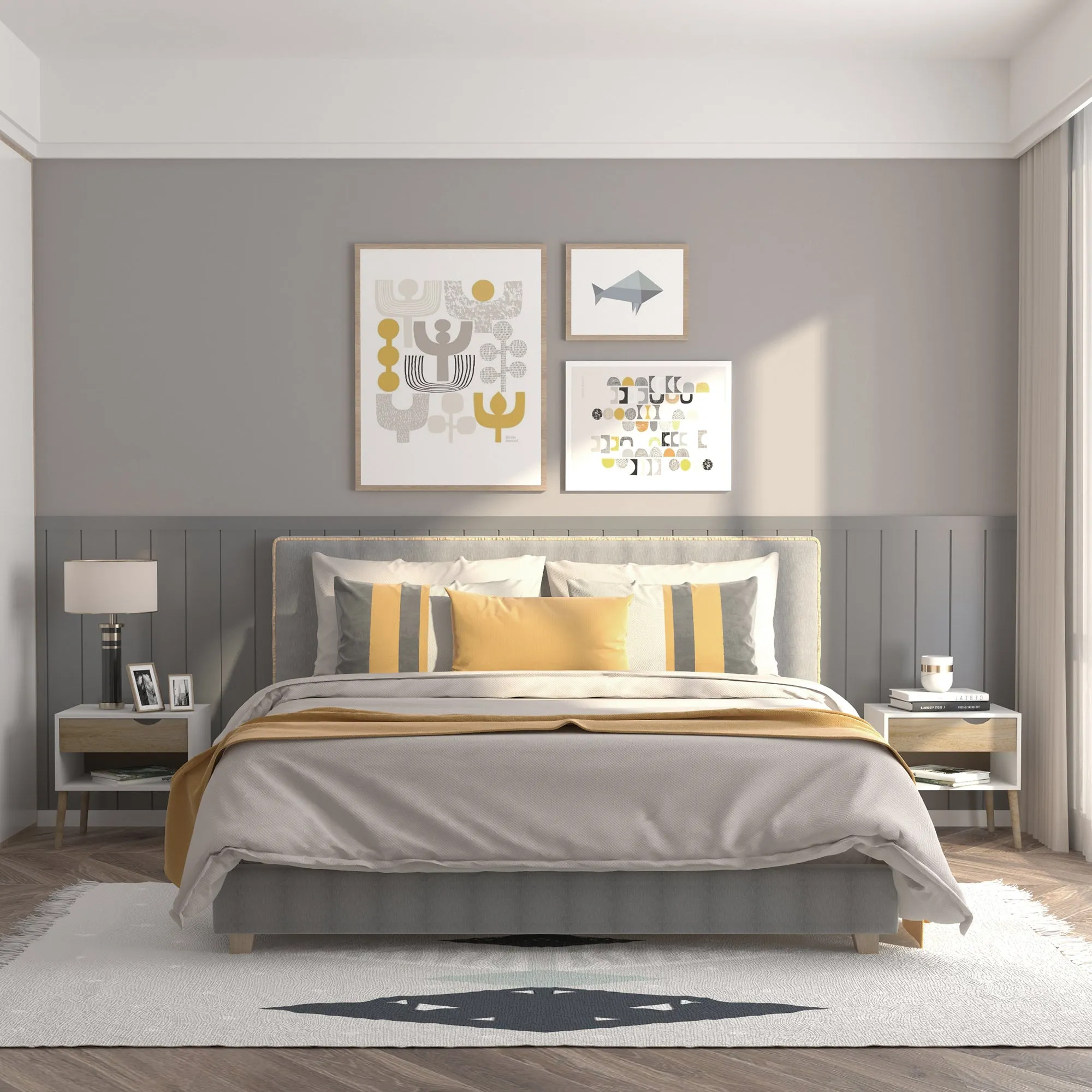 Set of 2 Modern Bedside Tables with Drawer and Shelf, Raised Base and Wooden Legs, 50x39x51cm, White and Oak - Image 2