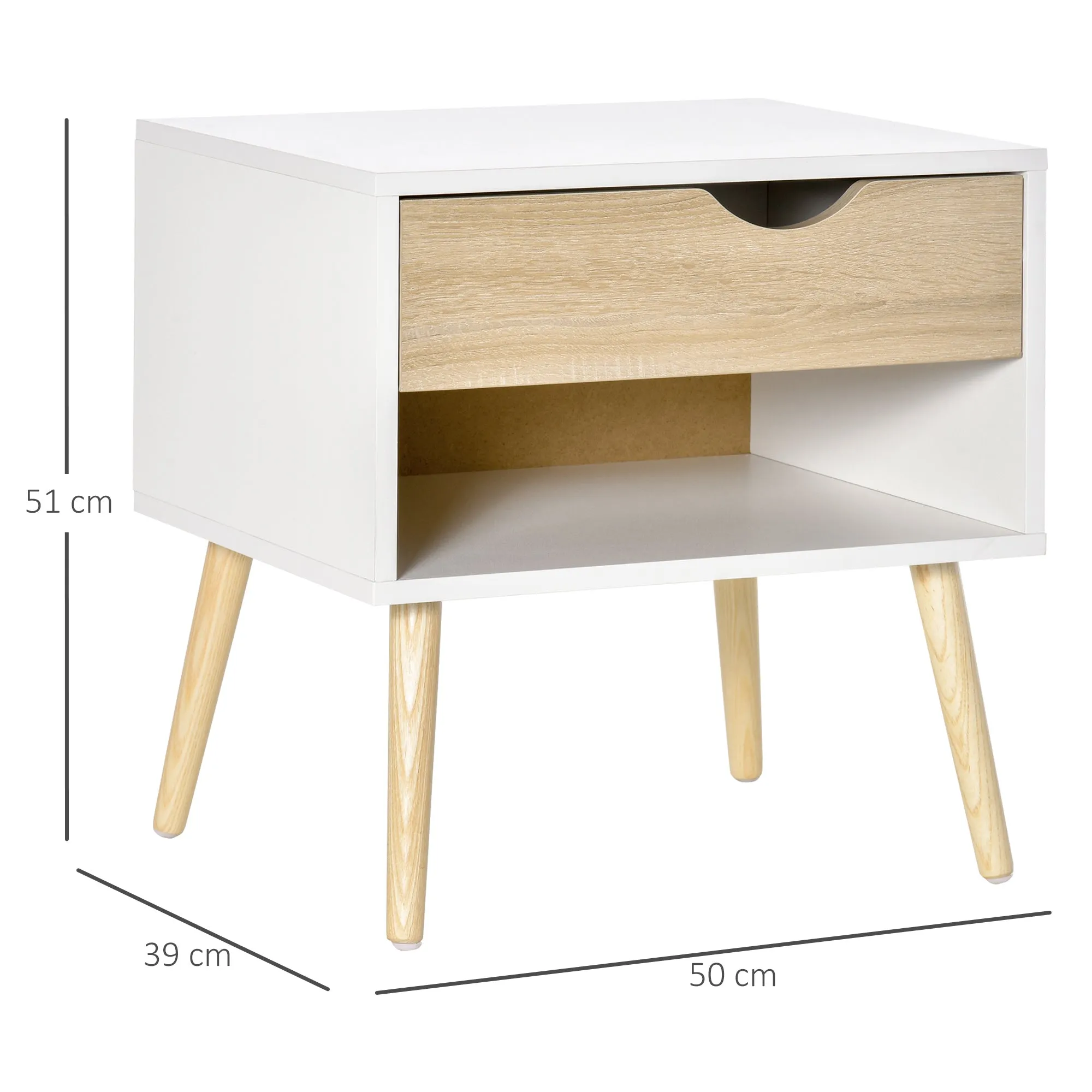 Set of 2 Modern Bedside Tables with Drawer and Shelf, Raised Base and Wooden Legs, 50x39x51cm, White and Oak - Image 3