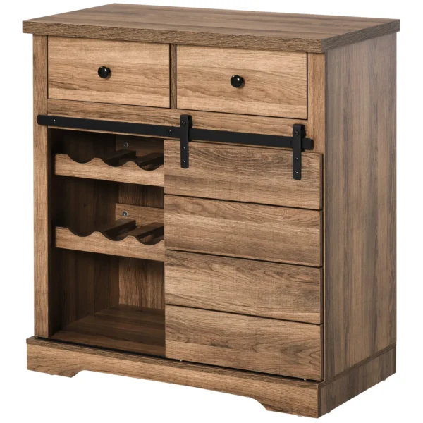 Rustic Kitchen Cabinet with 2 Drawers, Open Shelves and Bottle Rack, Wooden and Metal Buffet Sideboard, 80x39x86 cm, Wood Color