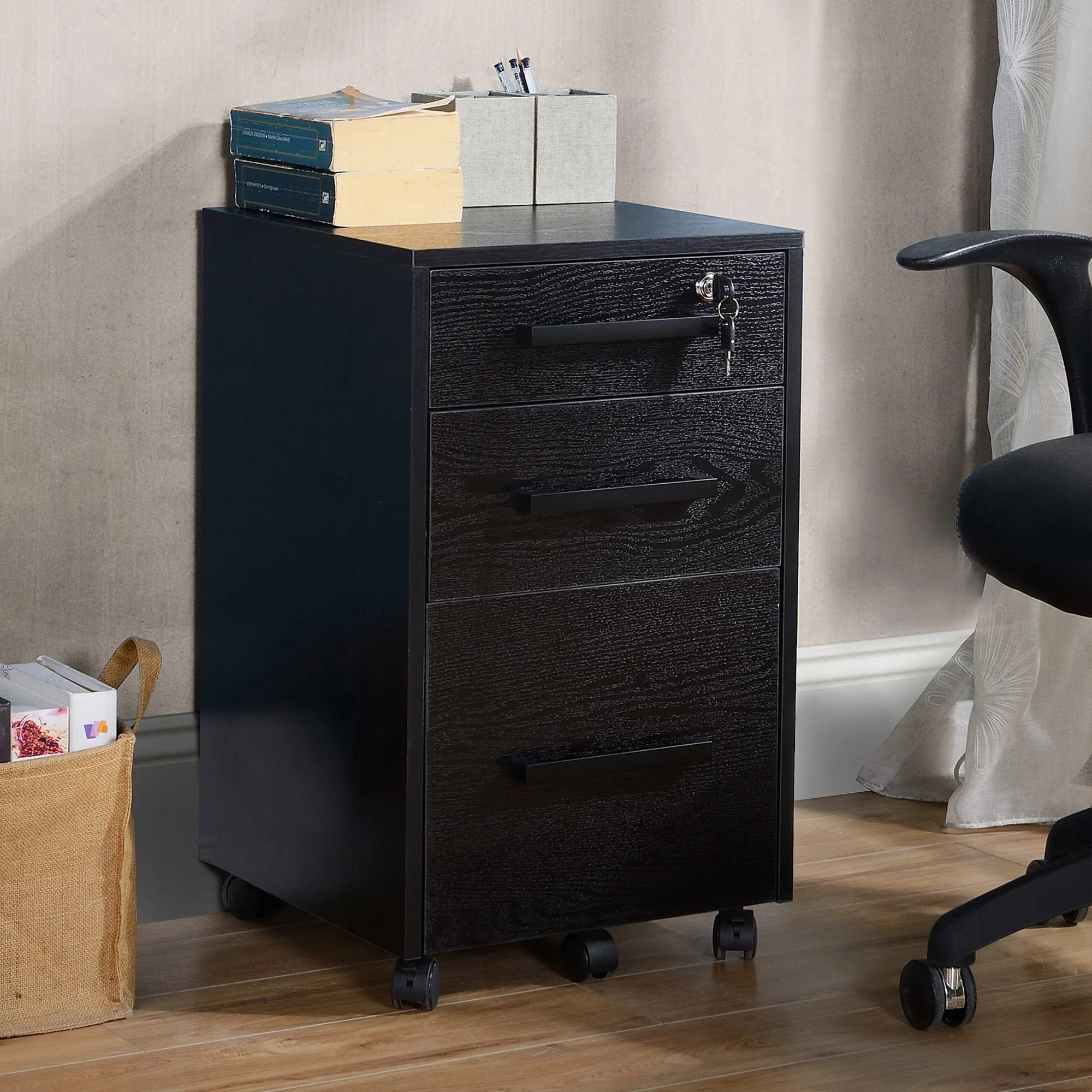 Office File Cabinet with 3 Lockable Drawers, Wooden, Black, 39.2 x 40 x 65.4cm - Image 2
