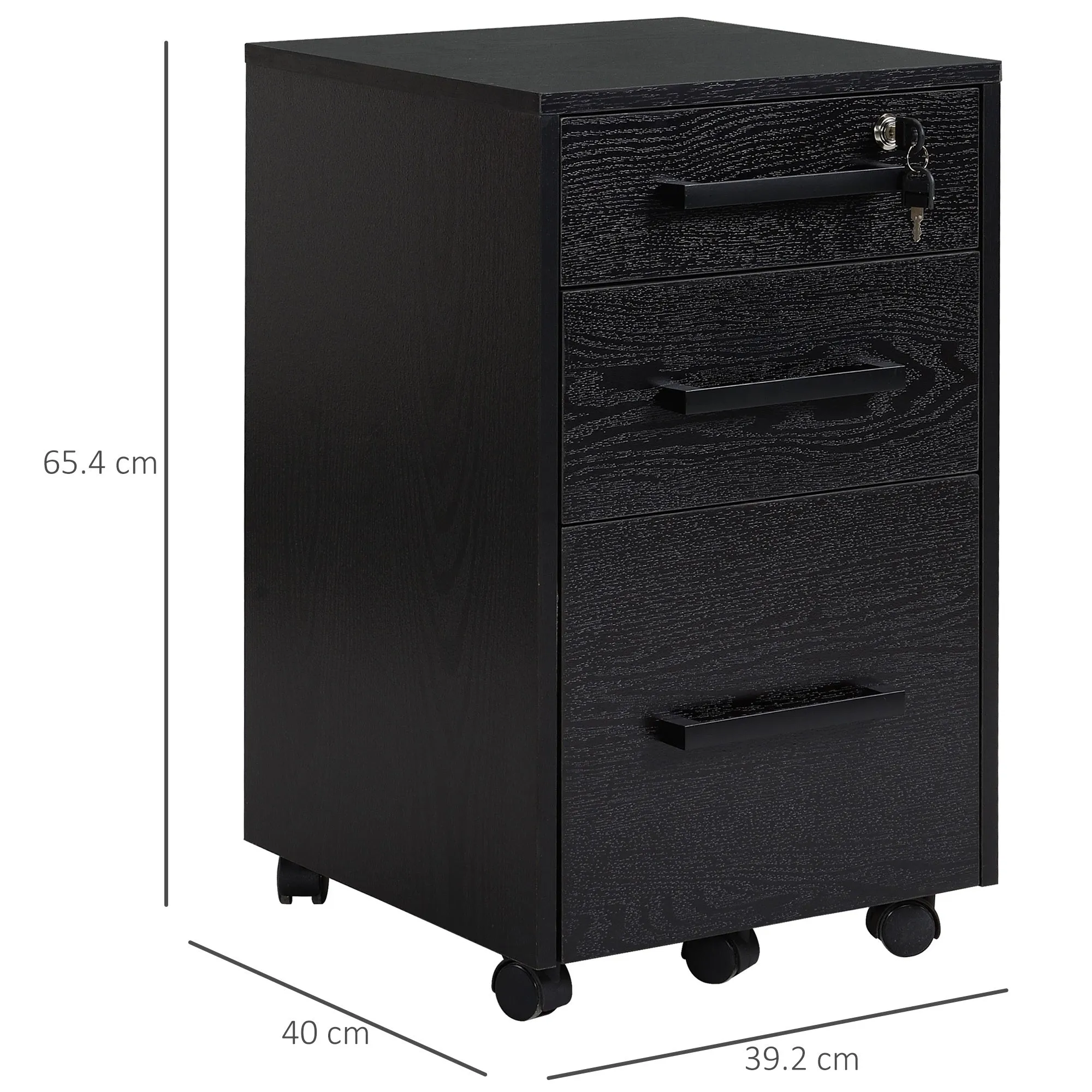 Office File Cabinet with 3 Lockable Drawers, Wooden, Black, 39.2 x 40 x 65.4cm - Image 3