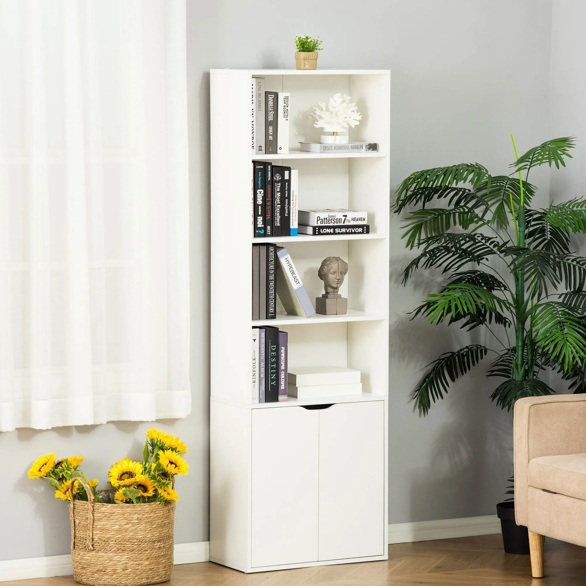 Homonda Modern Library 4 shelves with 2 wooden doors, 59x29x180cm, white - Image 2