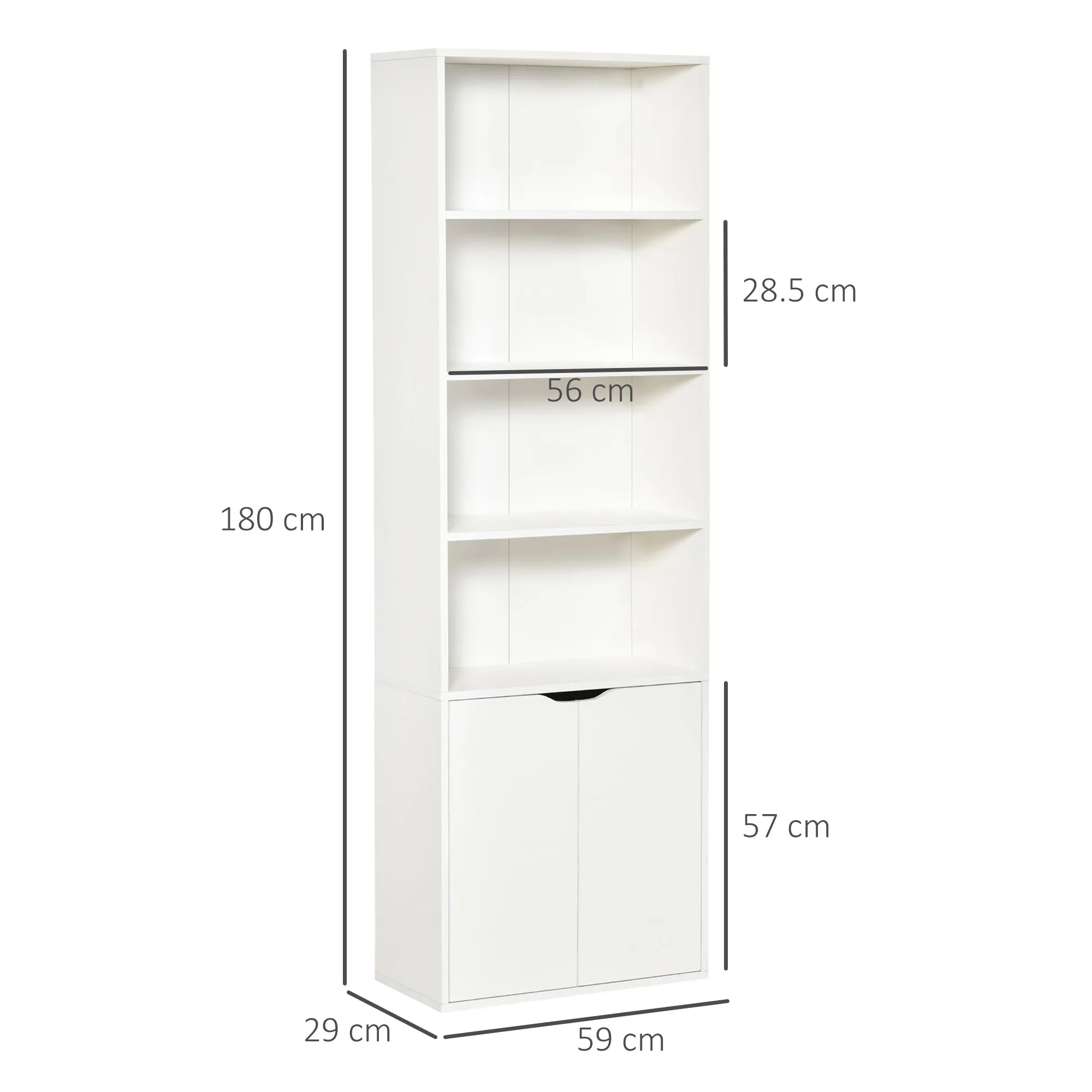 Homonda Modern Library 4 shelves with 2 wooden doors, 59x29x180cm, white - Image 3