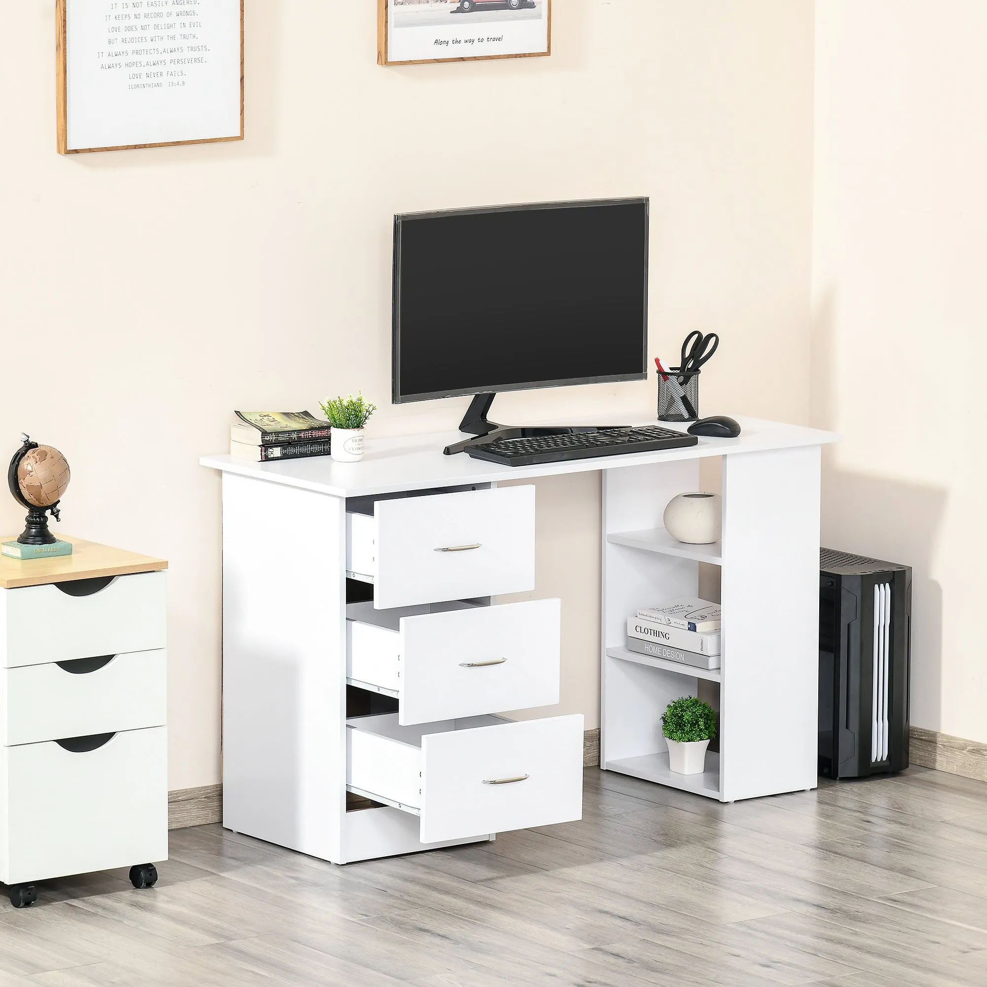 Computer Desk with 3 Drawers and 3 Shelves, Wooden Desk for Bedroom and Office 120x49x72cm White - Image 2