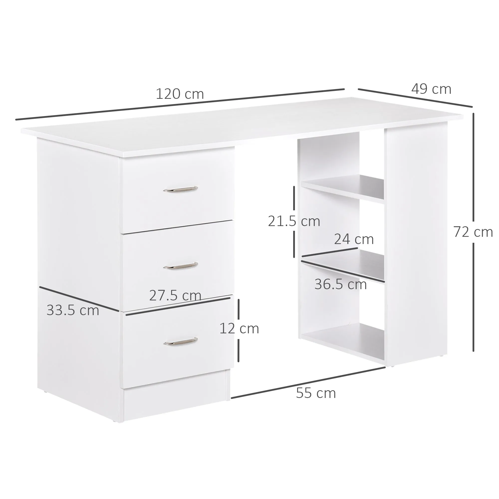Computer Desk with 3 Drawers and 3 Shelves, Wooden Desk for Bedroom and Office 120x49x72cm White - Image 3
