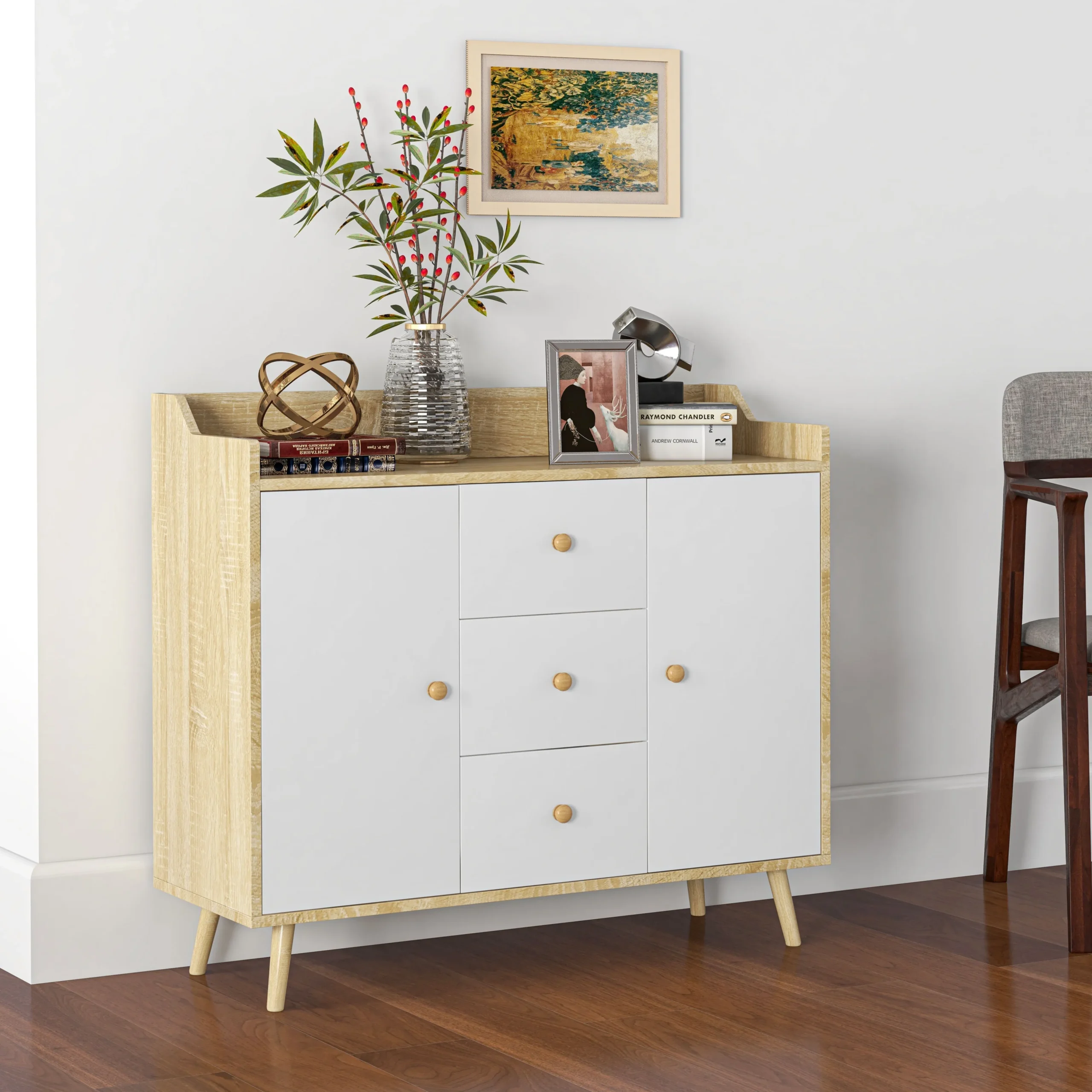 Modern Sideboard in Chipboard and Pine Wood with 3 Drawers and 2 Cabinets on 2 Levels, 90x32x80H cm - Image 2