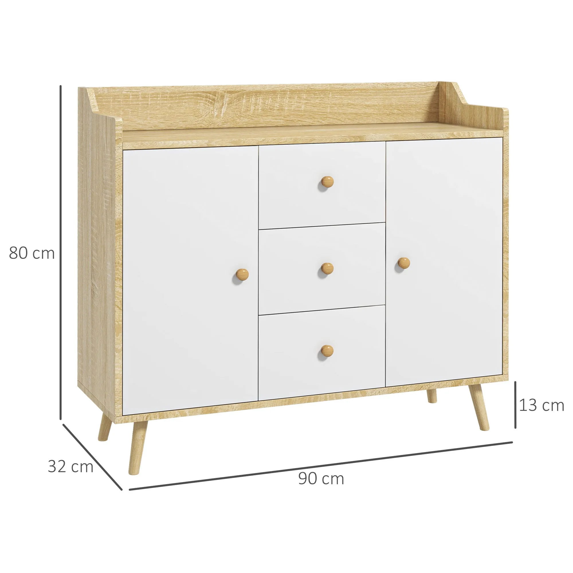Modern Sideboard in Chipboard and Pine Wood with 3 Drawers and 2 Cabinets on 2 Levels, 90x32x80H cm - Image 3