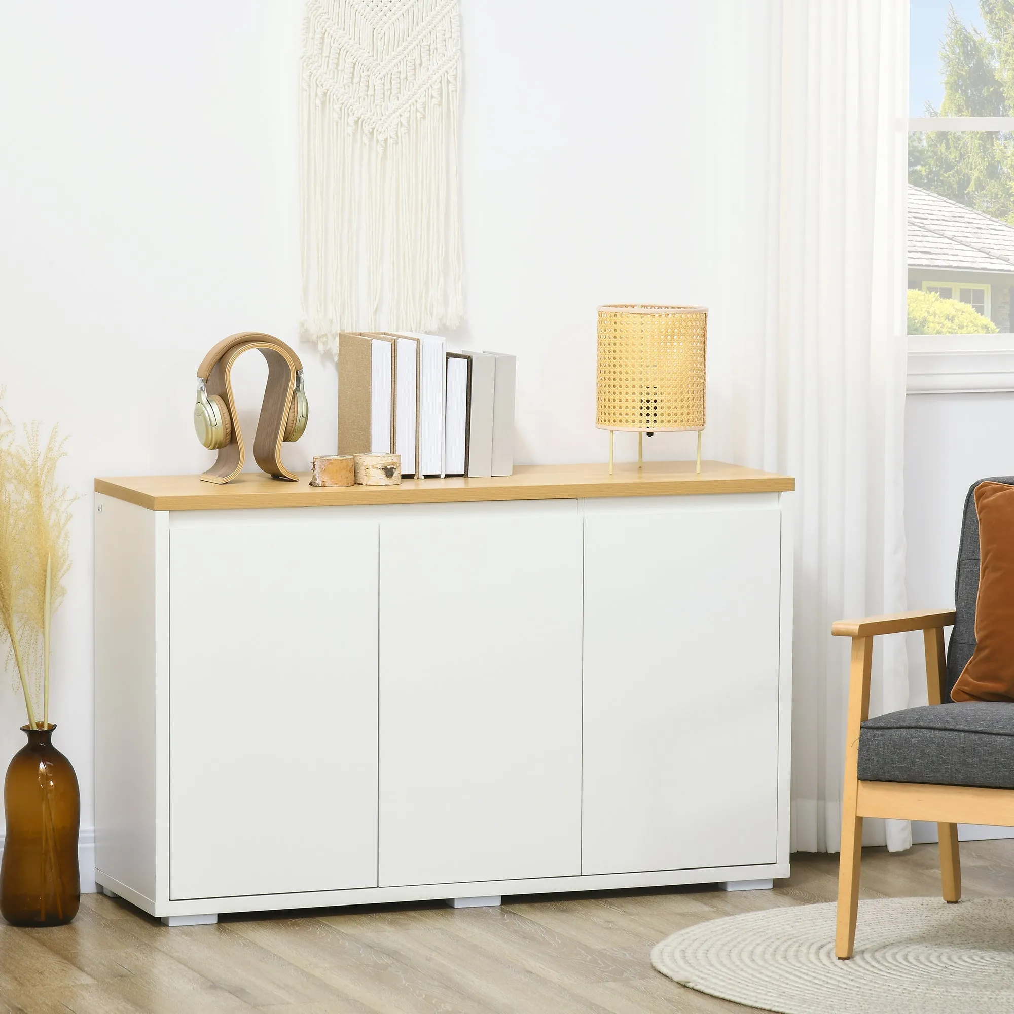 Multipurpose Cabinet with 2 2-Tier Chipboard Cabinets, Adjustable Shelf, 120x37x75cm White and Wood Color - Image 2