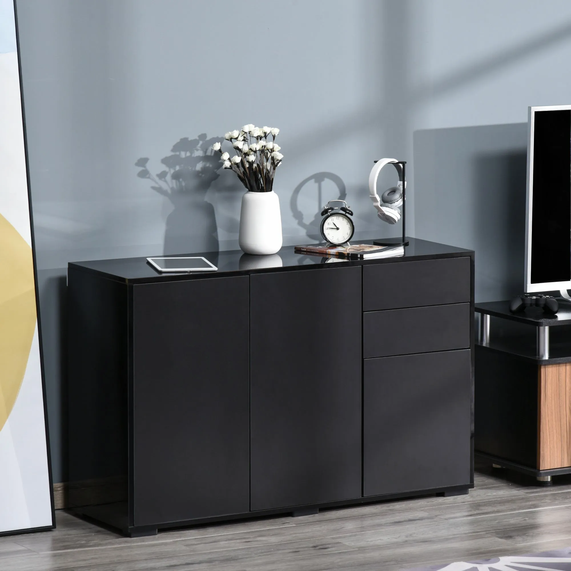 Black Multipurpose Cabinet with 2 Drawers and 2 Push-Open Cabinets, 117x36x74cm - Image 2