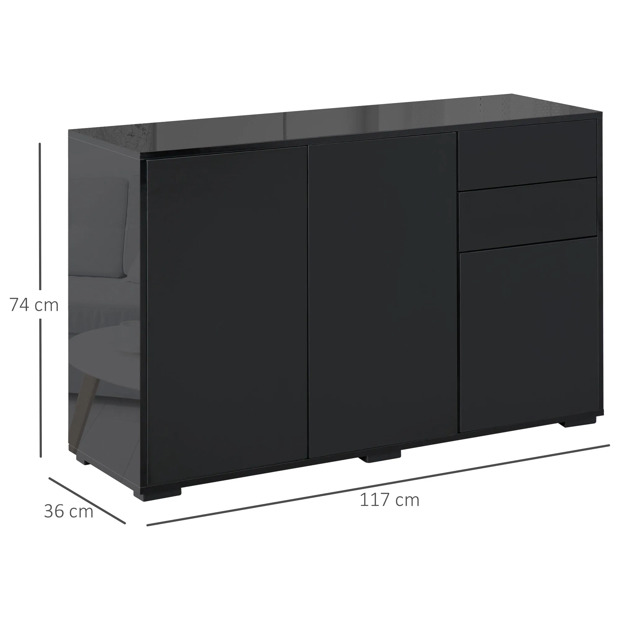 Black Multipurpose Cabinet with 2 Drawers and 2 Push-Open Cabinets, 117x36x74cm - Image 3