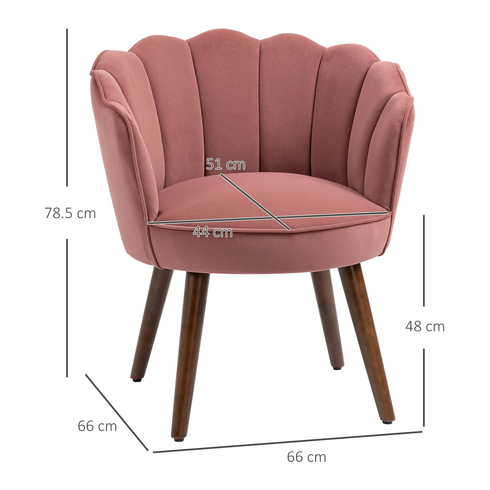 Upholstered Chair with Shell Backrest and Wooden Legs, Velvet Armchair for Living Room and Bedroom, 66x66x78.5cm, Pink - Image 2