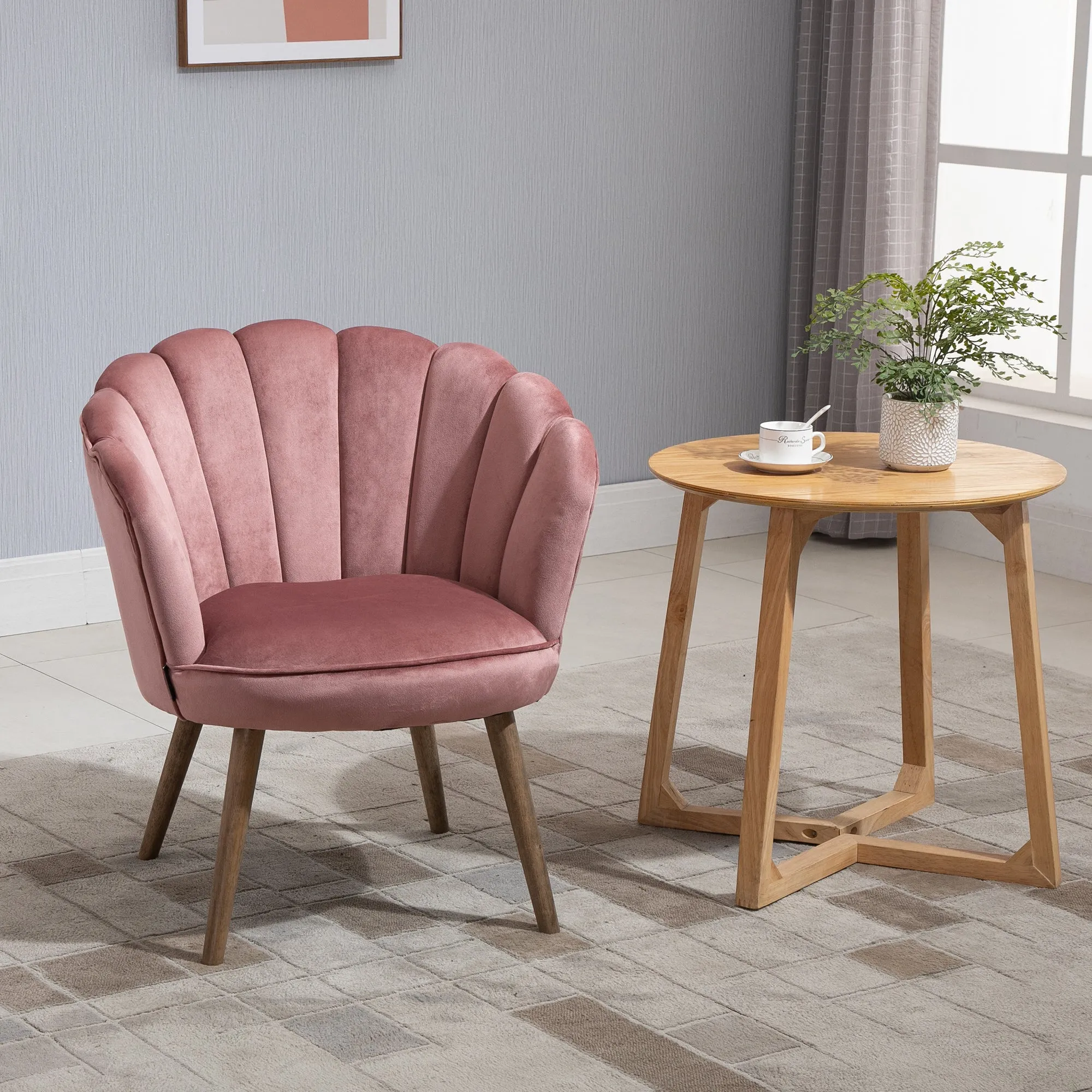Upholstered Chair with Shell Backrest and Wooden Legs, Velvet Armchair for Living Room and Bedroom, 66x66x78.5cm, Pink - Image 3