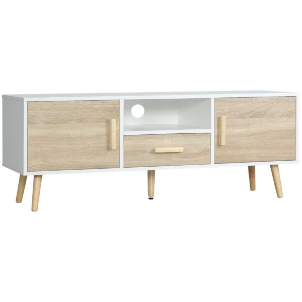 Low TV Cabinet for TVs up to 46" with Open Shelf, Drawer and 2 Cabinets, in Chipboard and Pine, 140x40x55.3 cm