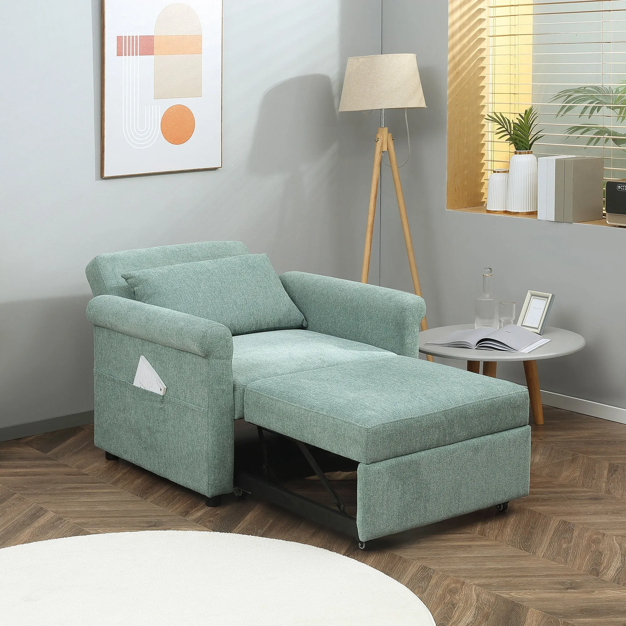 Single Sofa Bed with 4-Position Adjustable Backrest and Padded Seat, 96x84.5x87.5 cm, Green - Image 2