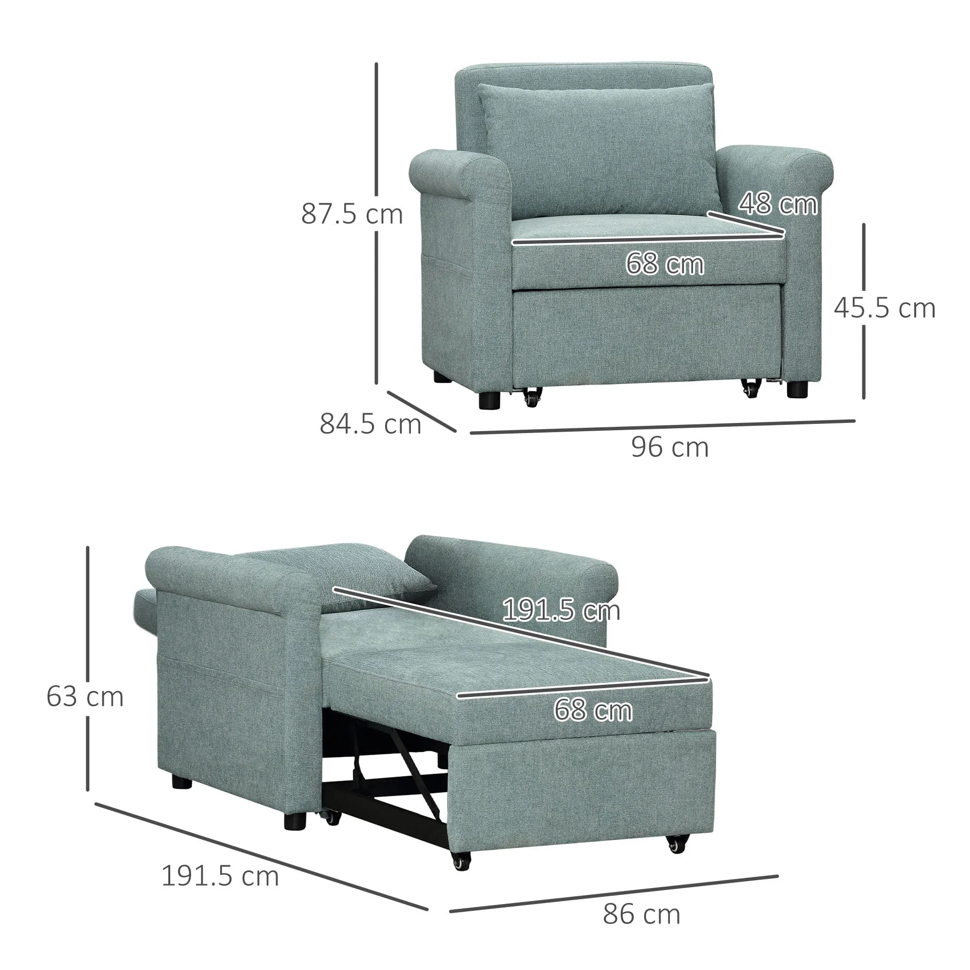 Single Sofa Bed with 4-Position Adjustable Backrest and Padded Seat, 96x84.5x87.5 cm, Green - Image 3