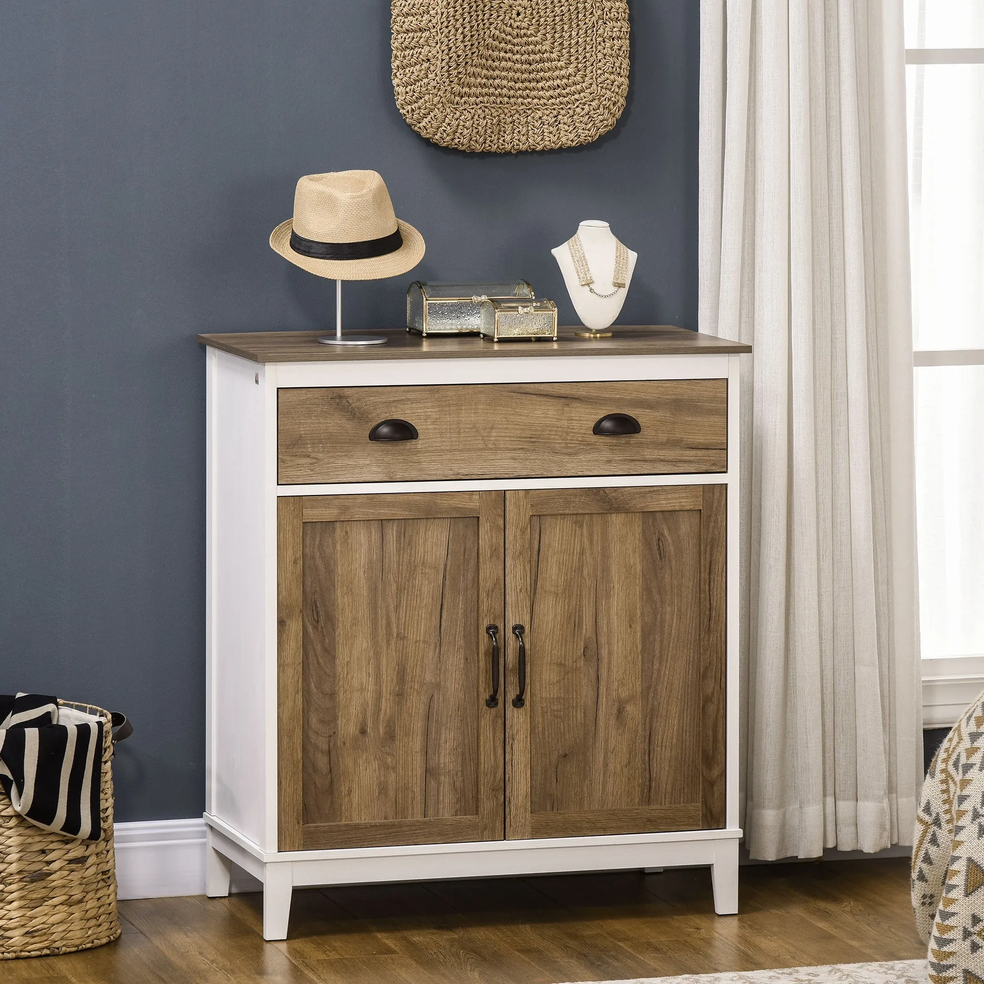 Chipboard Multipurpose Cabinet with Cabinet and Drawer in Rustic Style, 78.5x39x89.4cm, White - Image 2