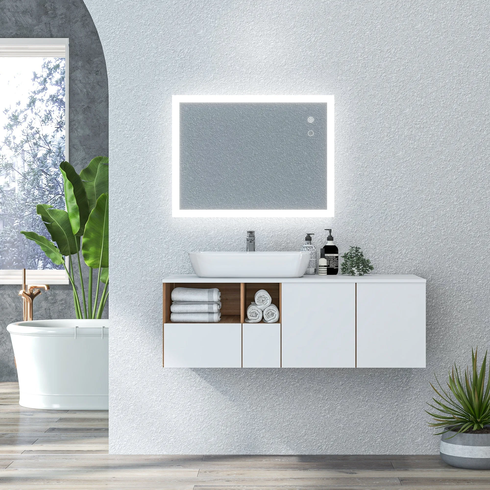 Anti-Fog LED Bathroom Mirror with 3 Colors and Adjustable Brightness, Metal and Glass, 80x60x3 cm - Image 2
