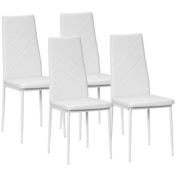 Set of 4 High Back Dining Chairs in Faux Leather and Steel, 41x50x97cm, White
